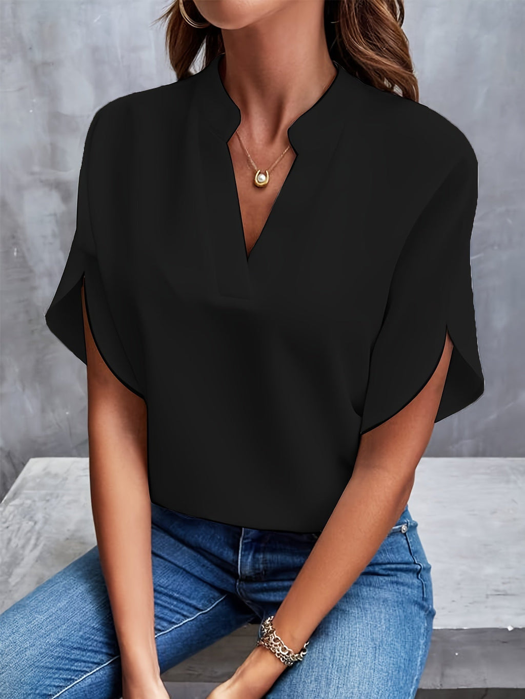 Women's V-Neck Short Sleeve Blouse in Lightweight Fabric