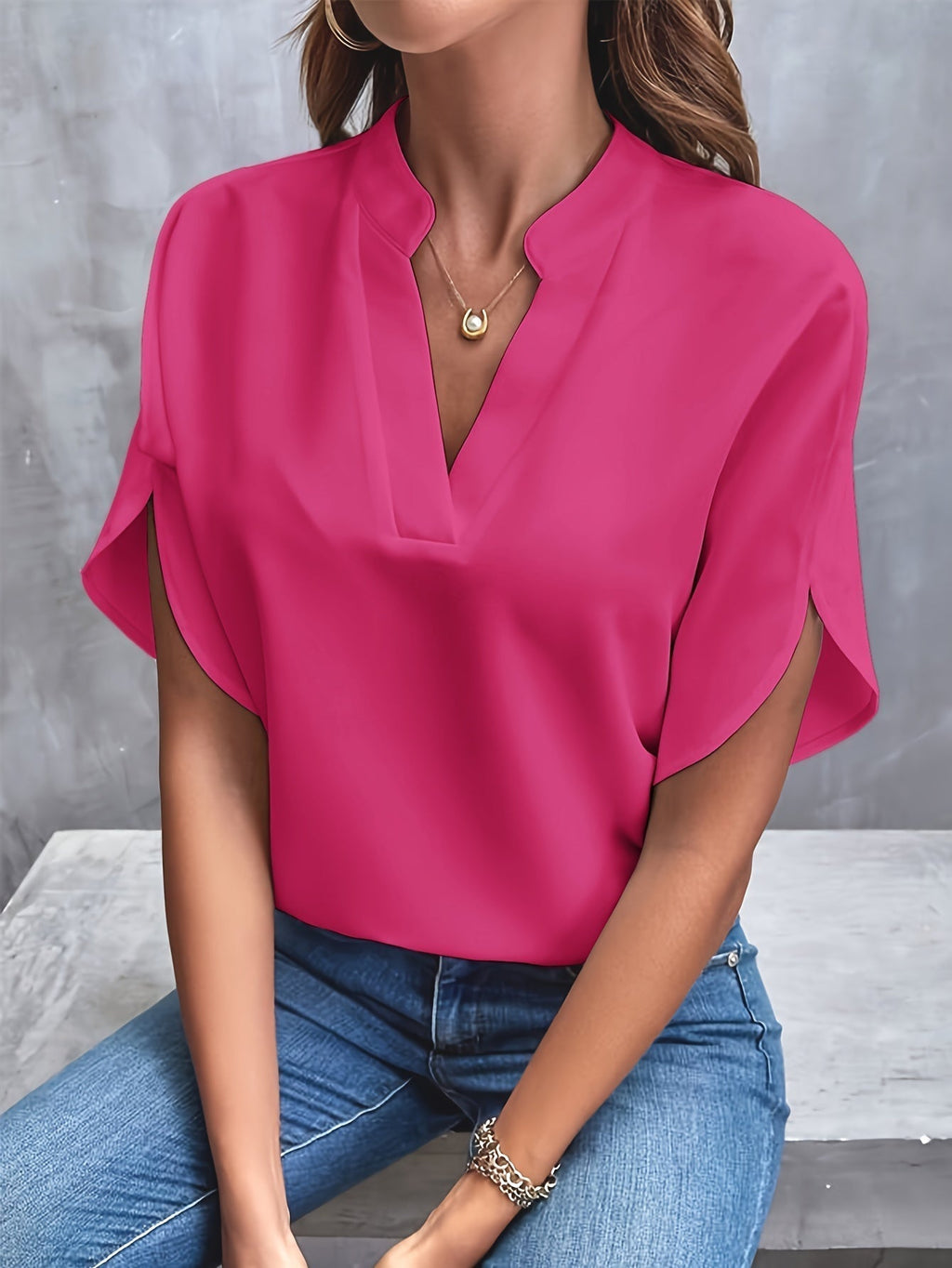 Women's V-Neck Short Sleeve Blouse in Lightweight Fabric