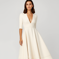 Women's V-Neck A-Line Midi Dress with 3/4 Sleeves