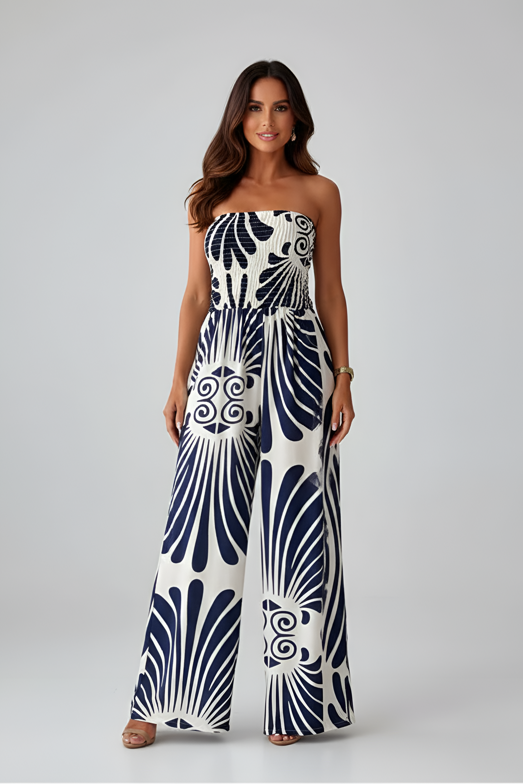 Women's Strapless Wide Leg Jumpsuit with Printed Bodice