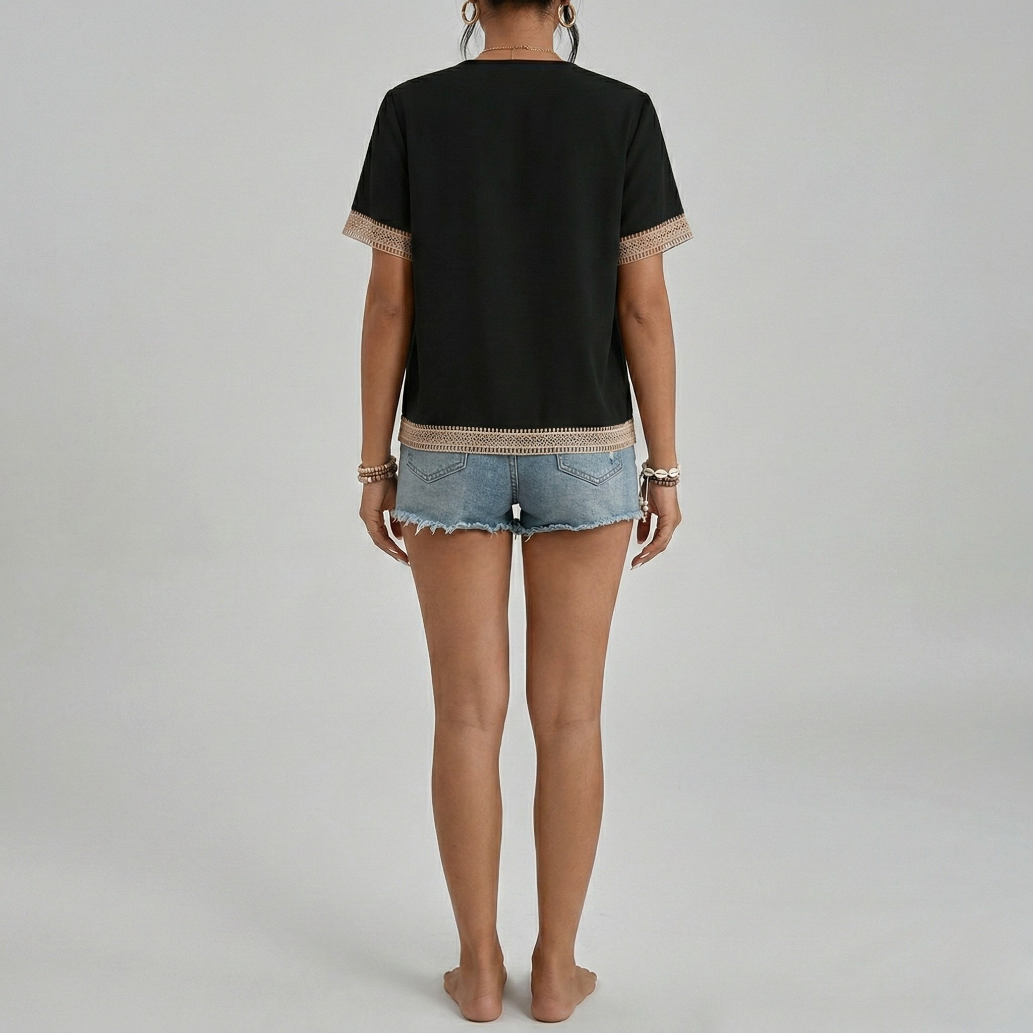 Women's V-Neck Short Sleeve Top with Lace Trim Detail