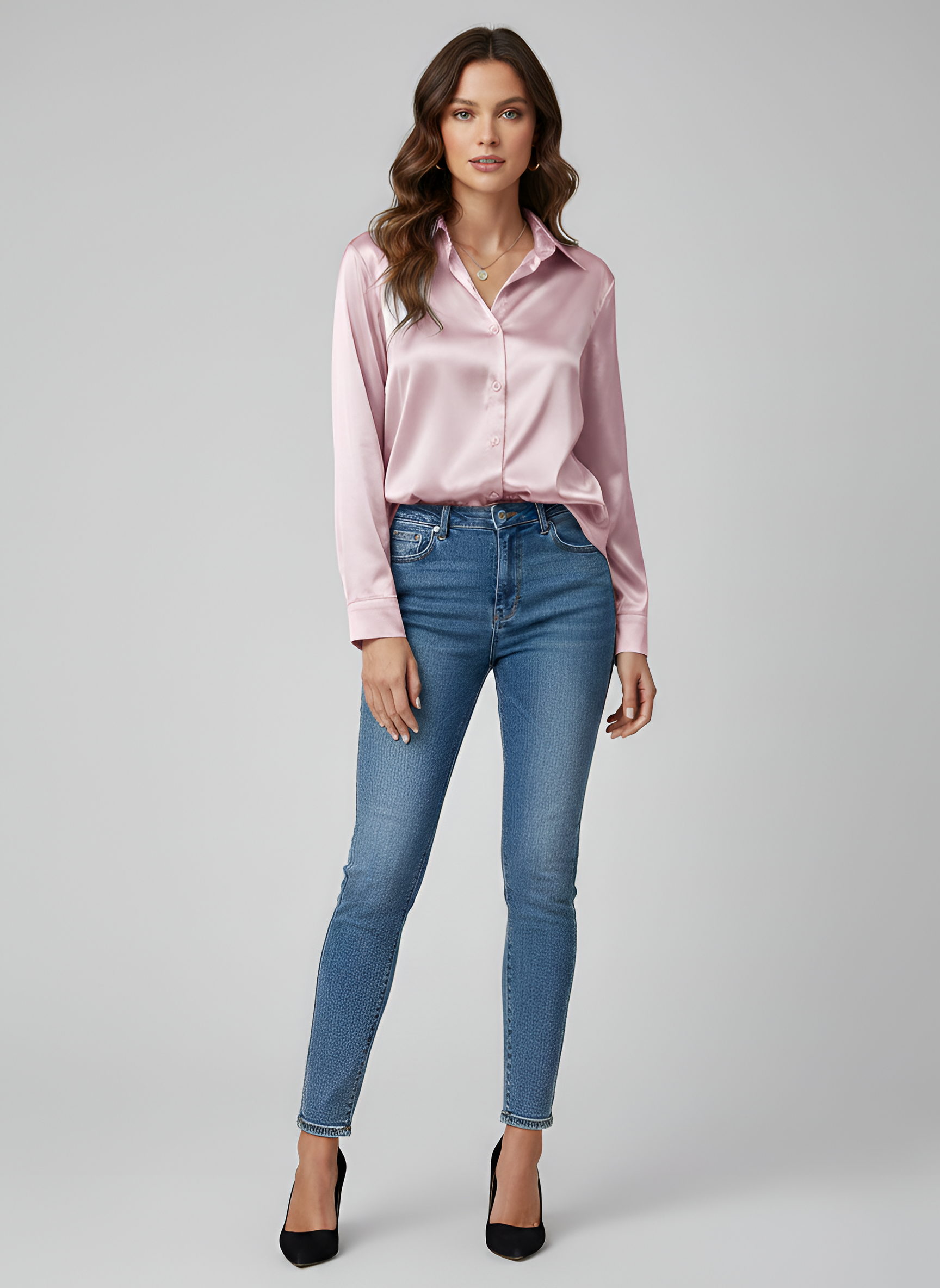 Women's Satin Button-Up Blouse with Long Sleeves