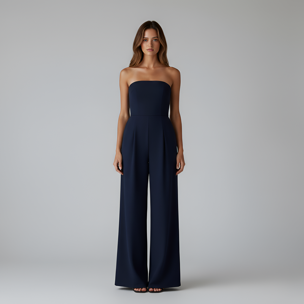Women's Strapless Wide Leg Jumpsuit with Front Pleats