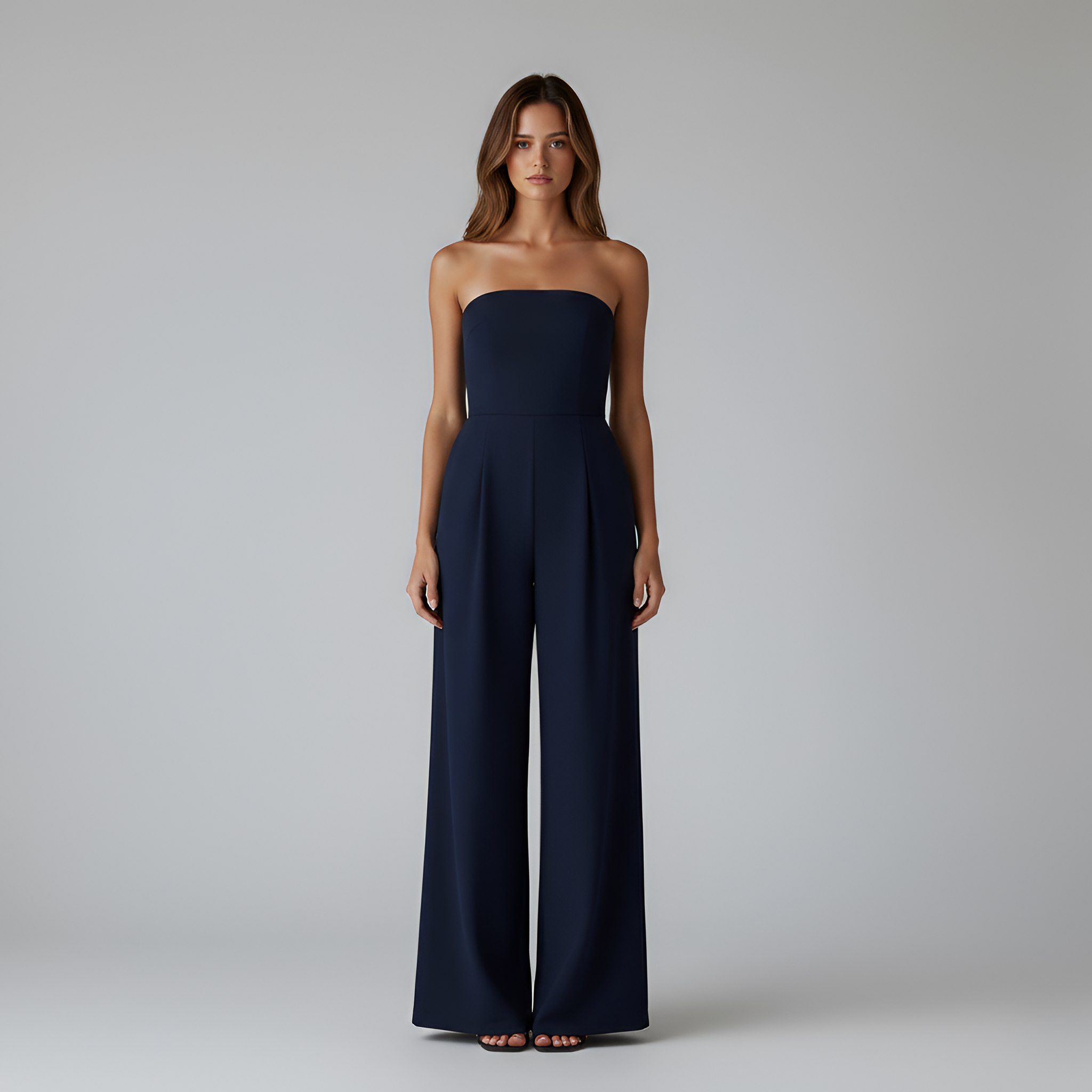 Women's Strapless Wide Leg Jumpsuit with Front Pleats