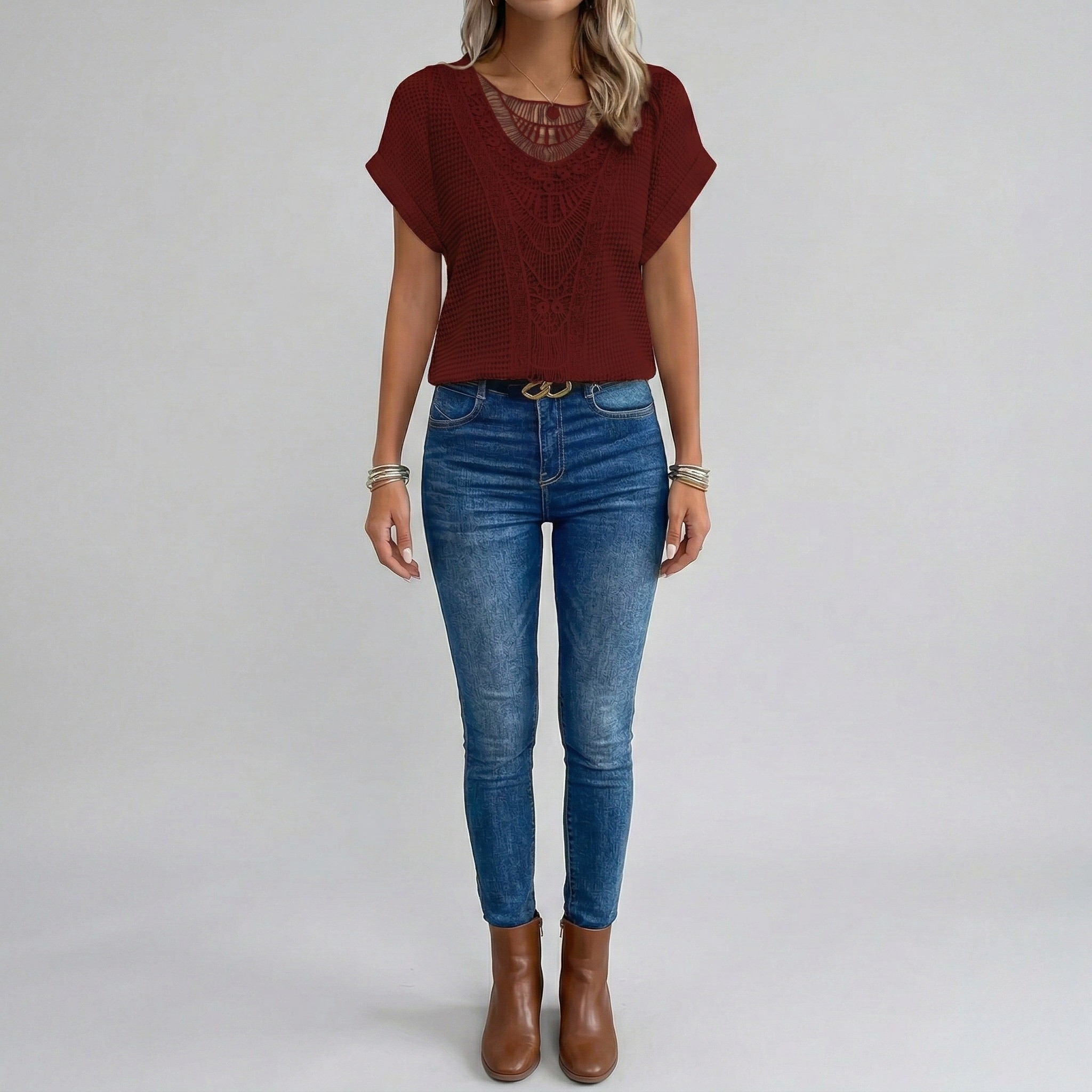 Women's Crochet Knit Short Sleeve Top with Crew Neck