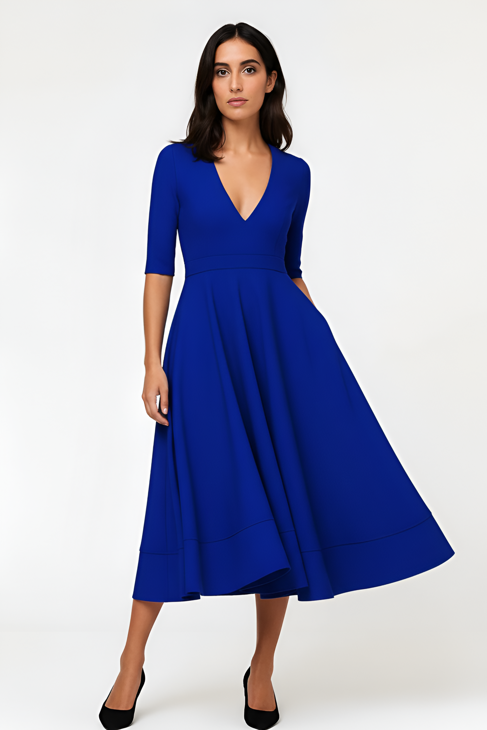 Women's V-Neck A-Line Midi Dress with 3/4 Sleeves