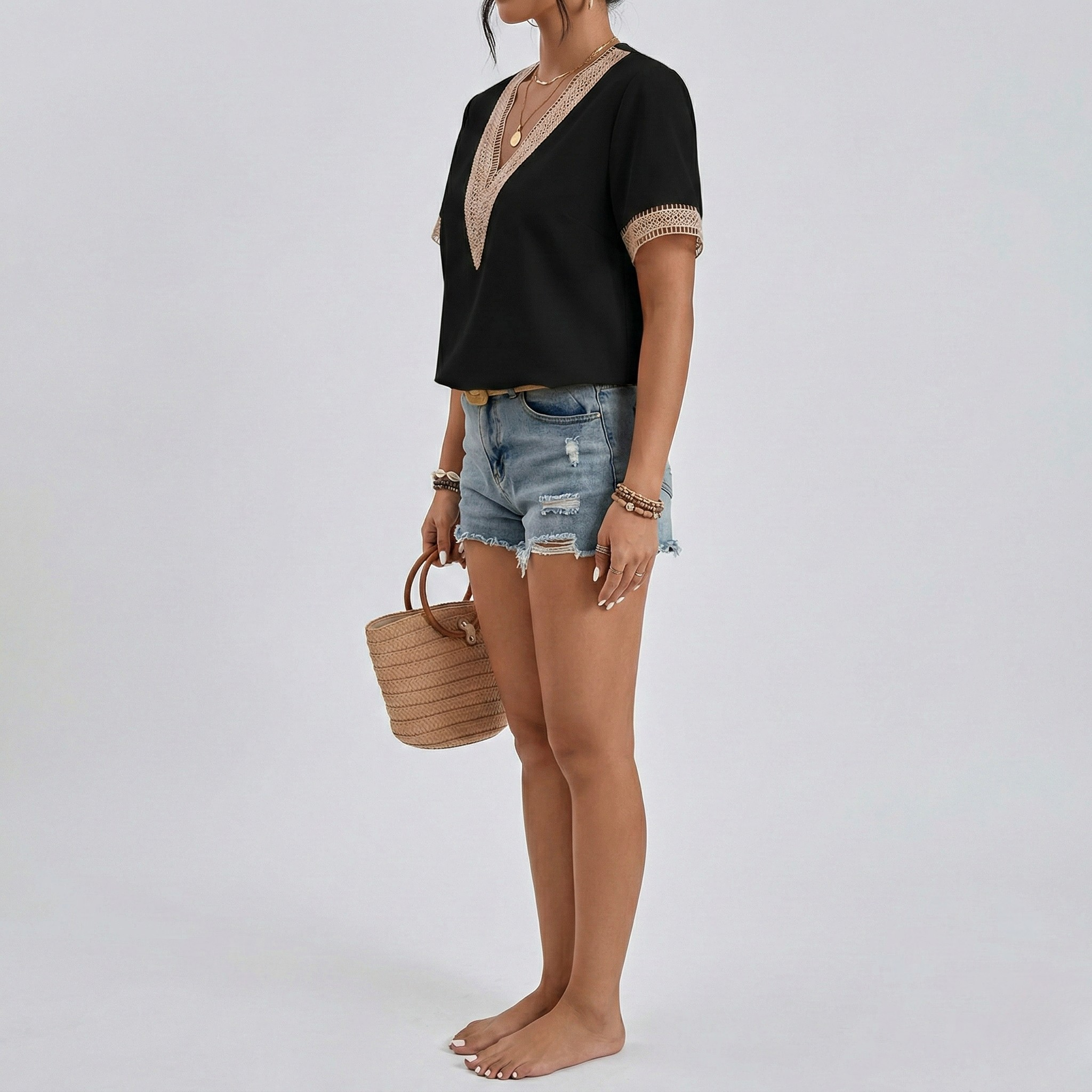 Women's V-Neck Short Sleeve Top with Lace Trim Detail