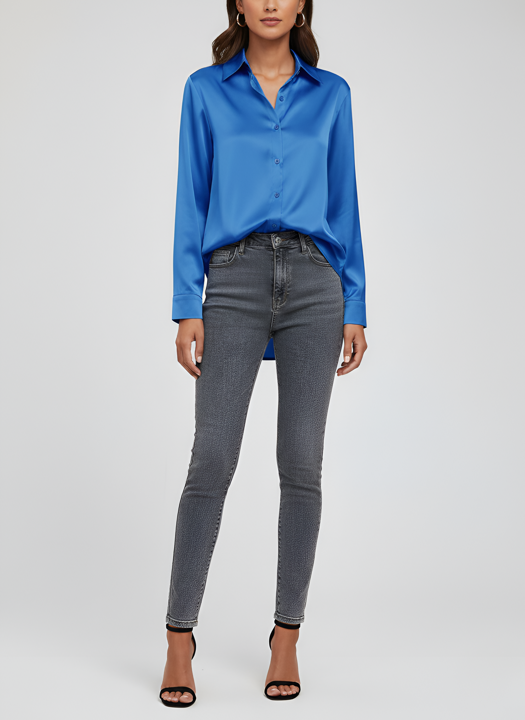 Women's Satin Button-Up Blouse with Long Sleeves