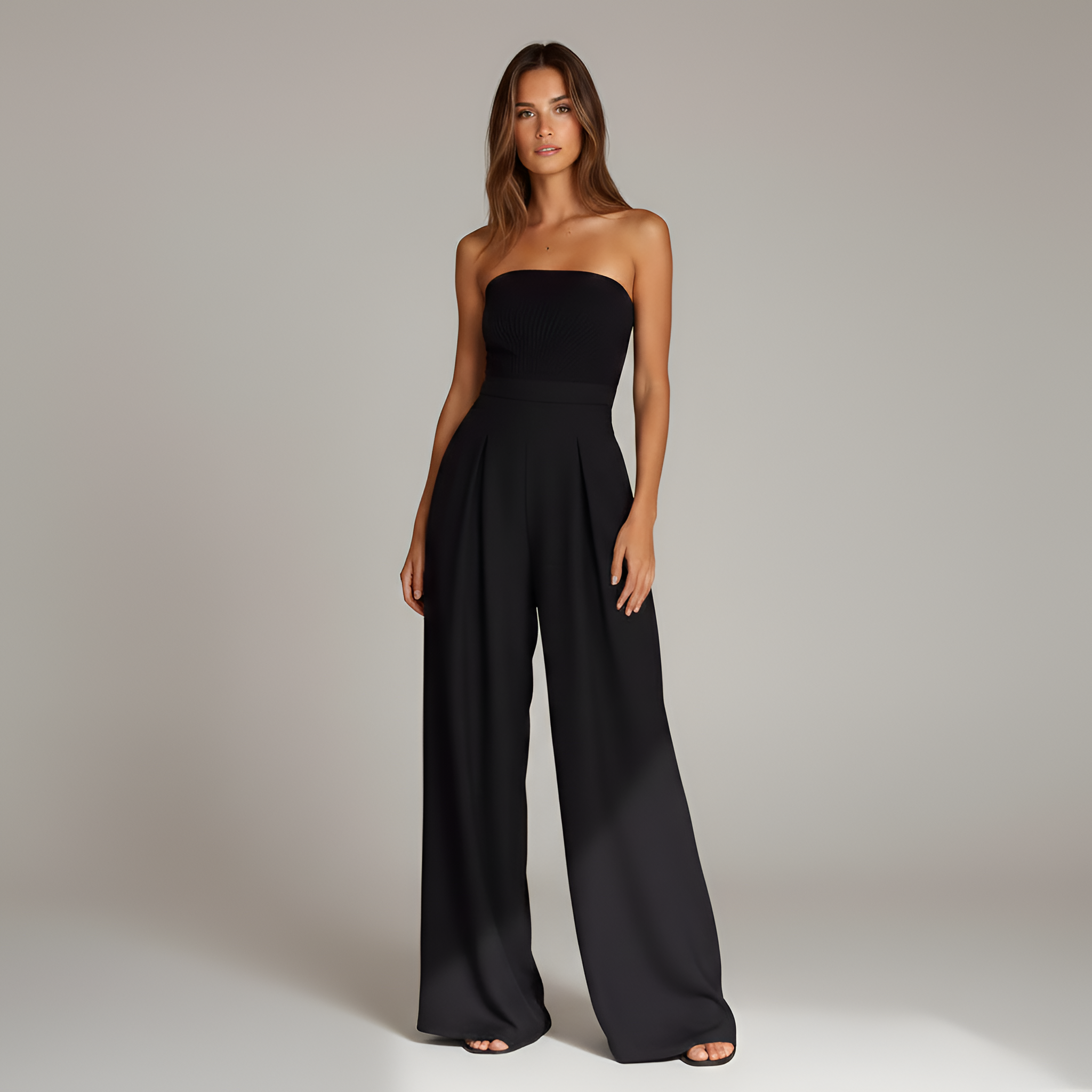 Women's Strapless Wide Leg Jumpsuit with Front Pleats