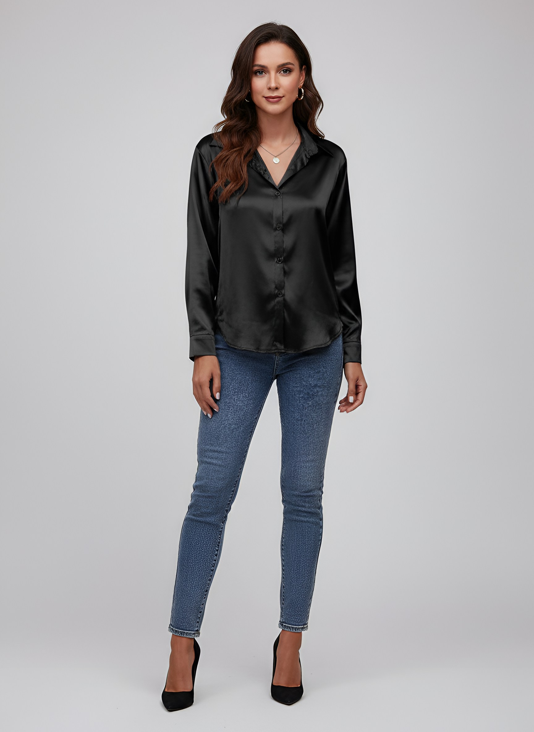 Women's Satin Button-Up Blouse with Long Sleeves