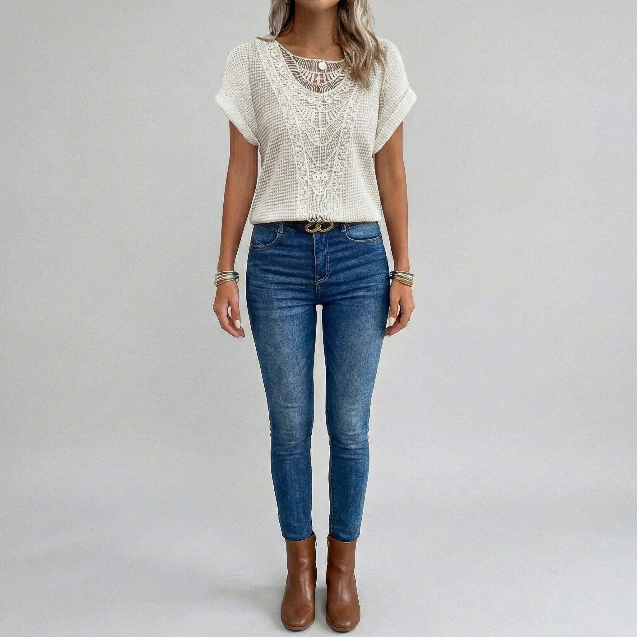 Women's Crochet Knit Short Sleeve Top with Crew Neck