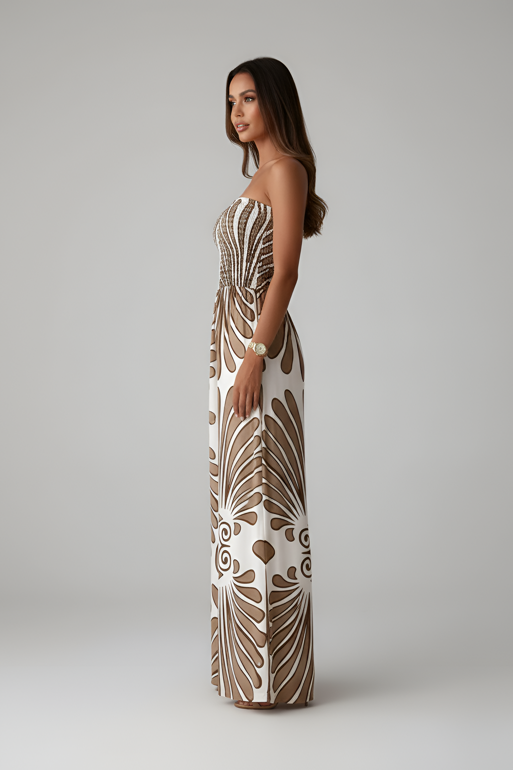 Women's Strapless Wide Leg Jumpsuit with Printed Bodice