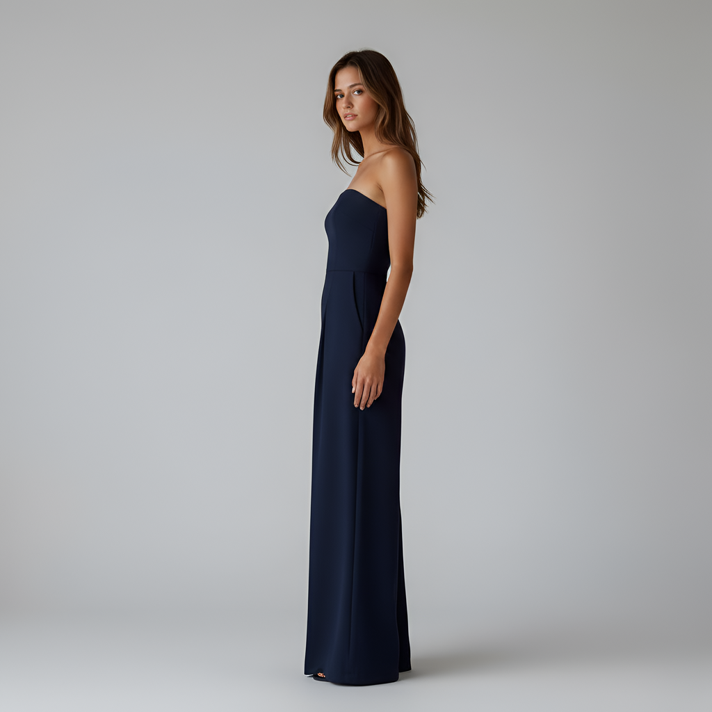 Women's Strapless Wide Leg Jumpsuit with Front Pleats