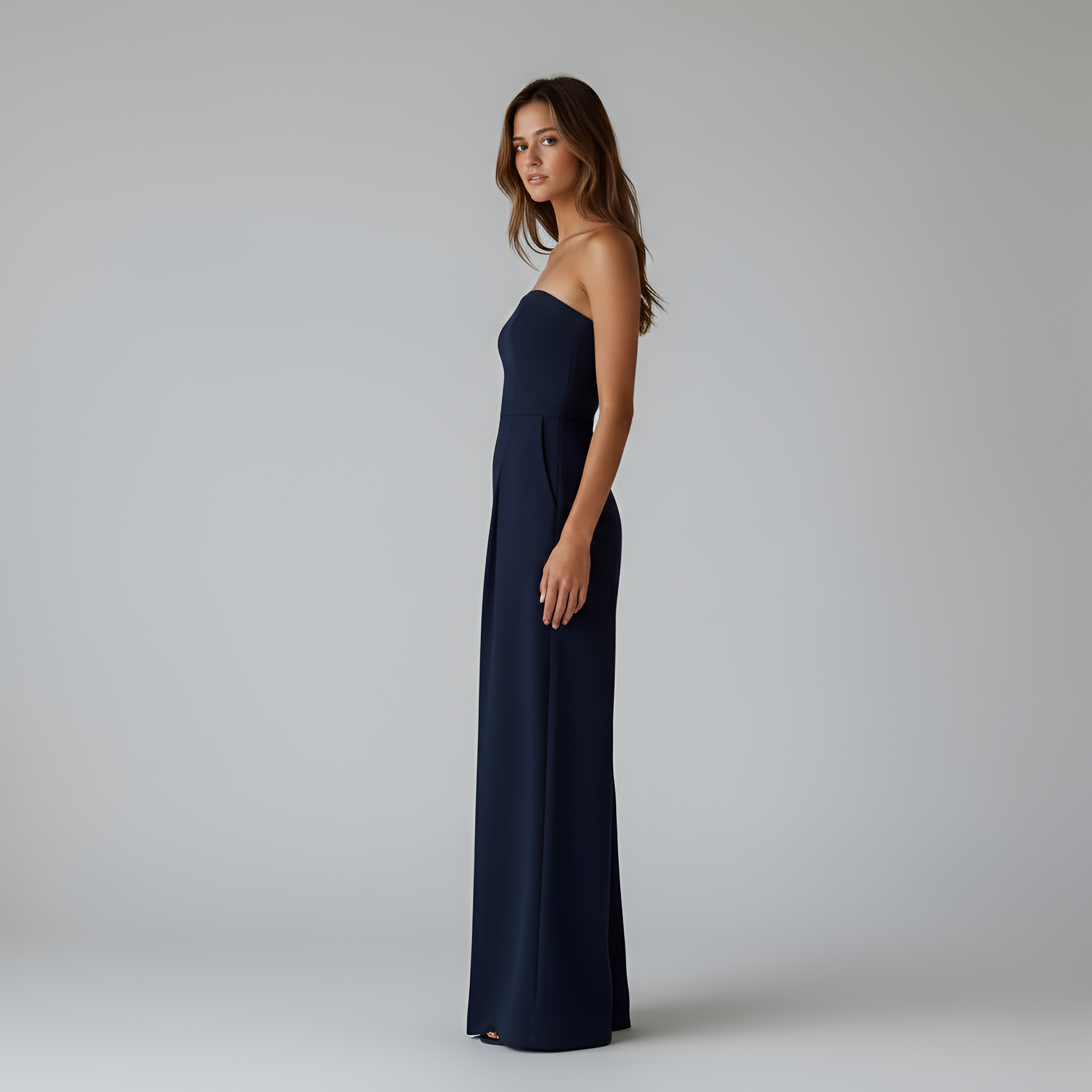 Women's Strapless Wide Leg Jumpsuit with Front Pleats