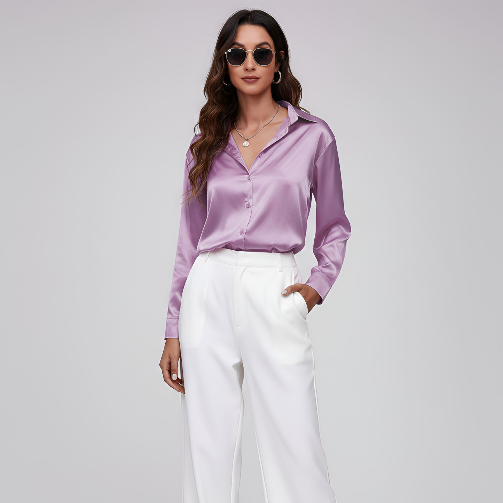 Women's Satin Button-Up Blouse with Long Sleeves
