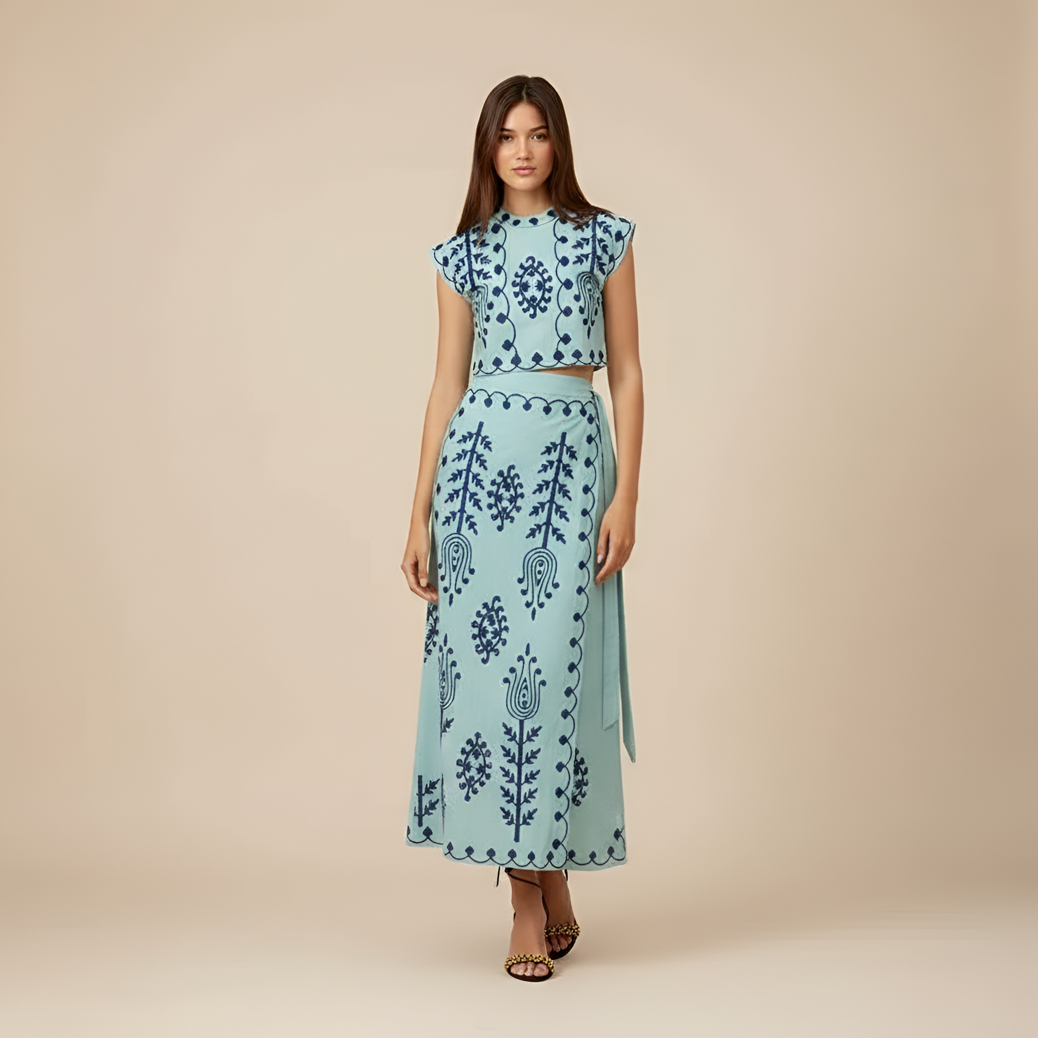 Women's Embroidered Crop Top and Maxi Skirt Two-Piece Set