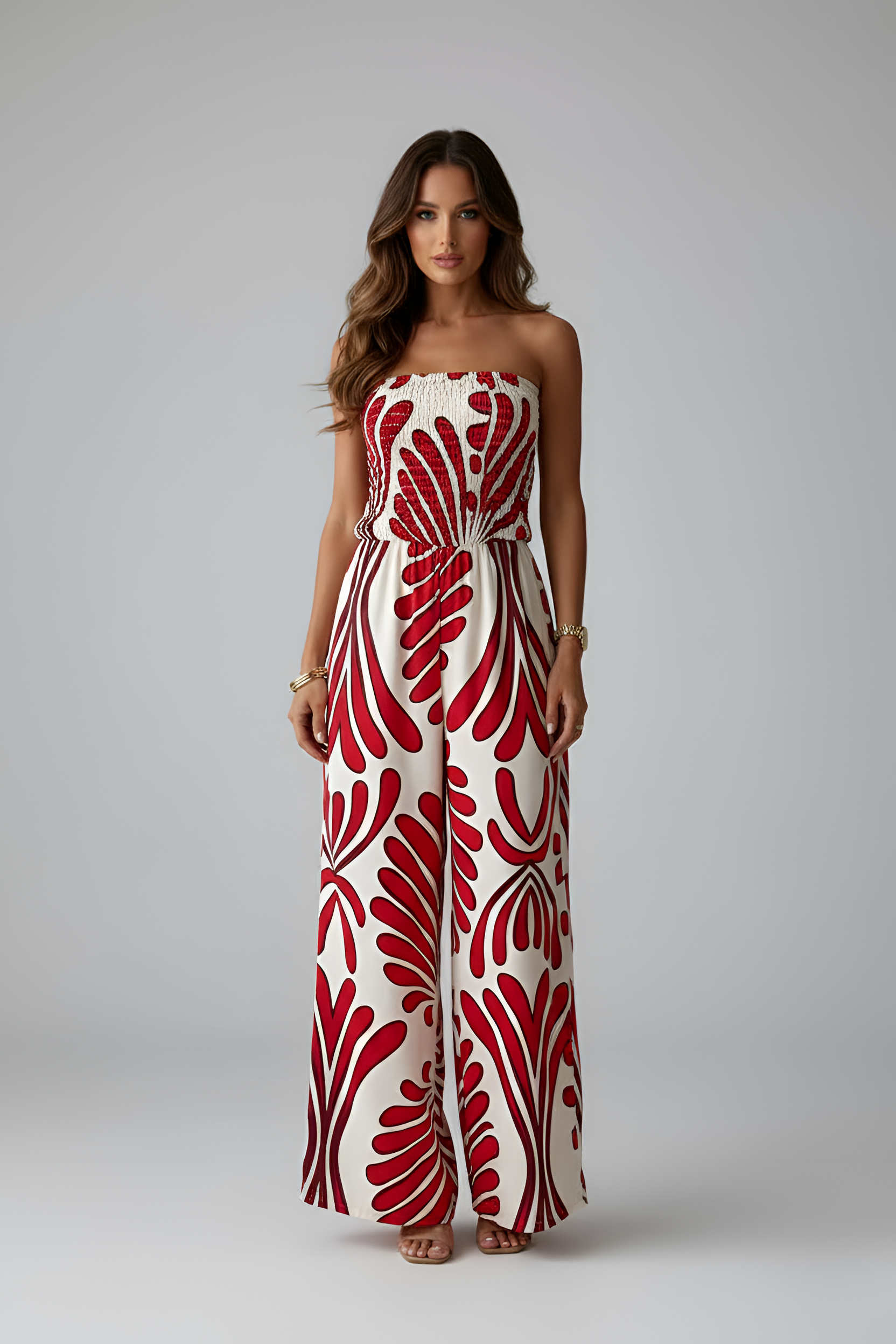 Women's Strapless Wide Leg Jumpsuit with Printed Bodice