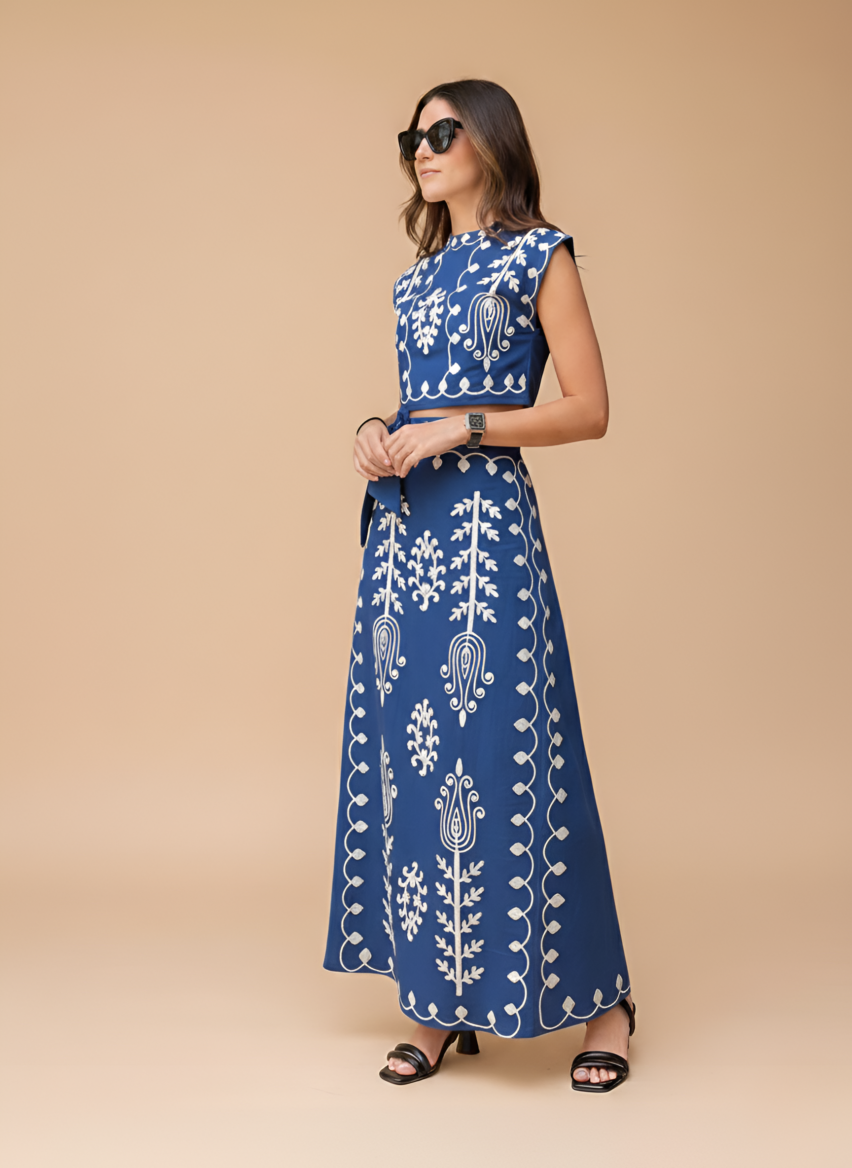 Women's Embroidered Crop Top and Maxi Skirt Two-Piece Set