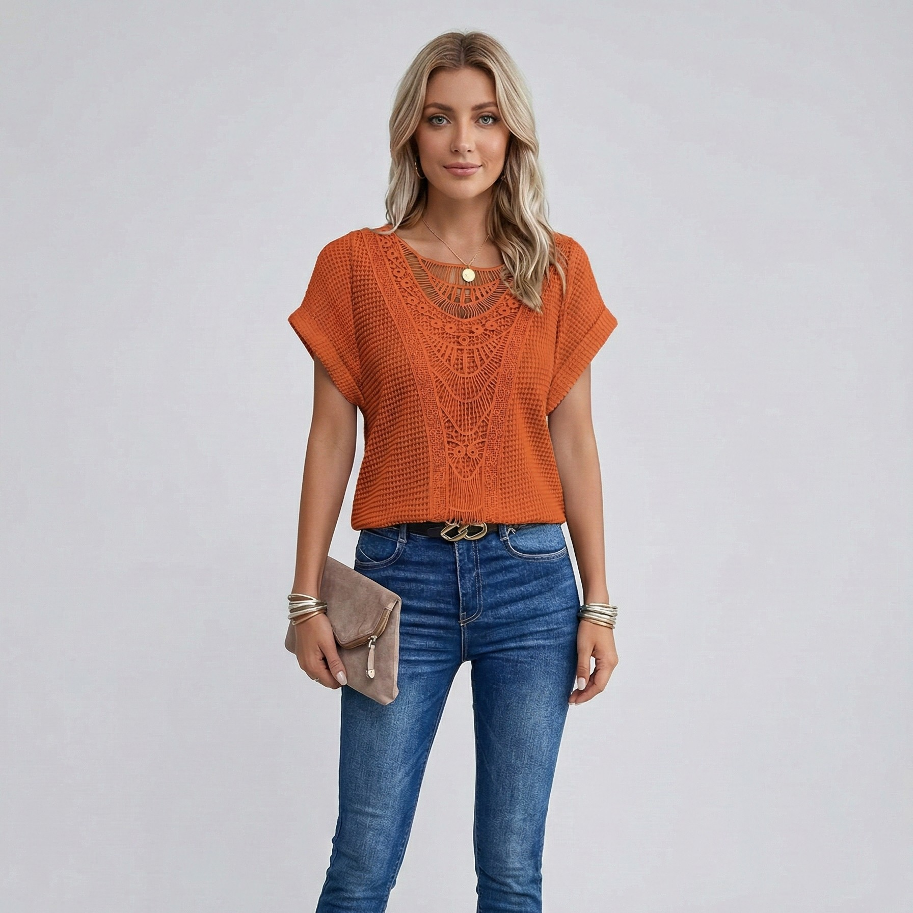 Women's Crochet Knit Short Sleeve Top with Crew Neck