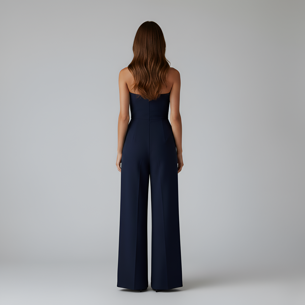 Women's Strapless Wide Leg Jumpsuit with Front Pleats