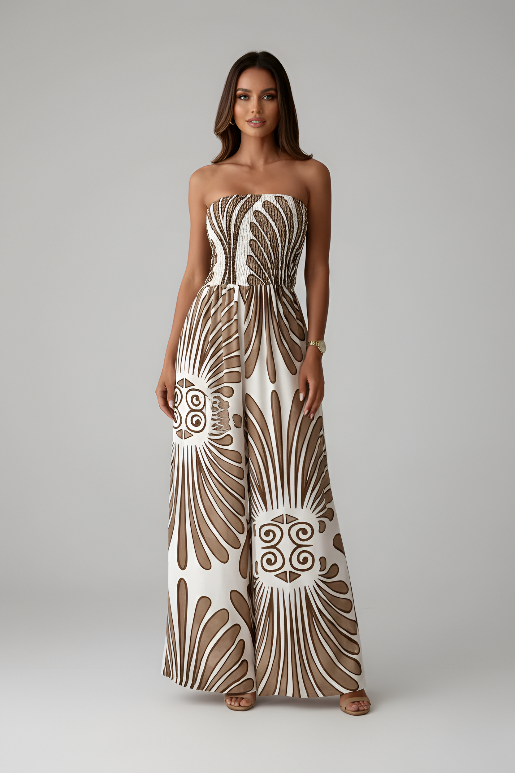 Women's Strapless Wide Leg Jumpsuit with Printed Bodice