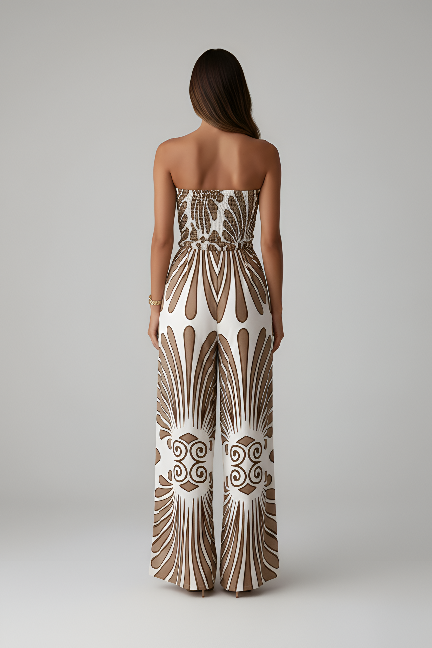 Women's Strapless Wide Leg Jumpsuit with Printed Bodice
