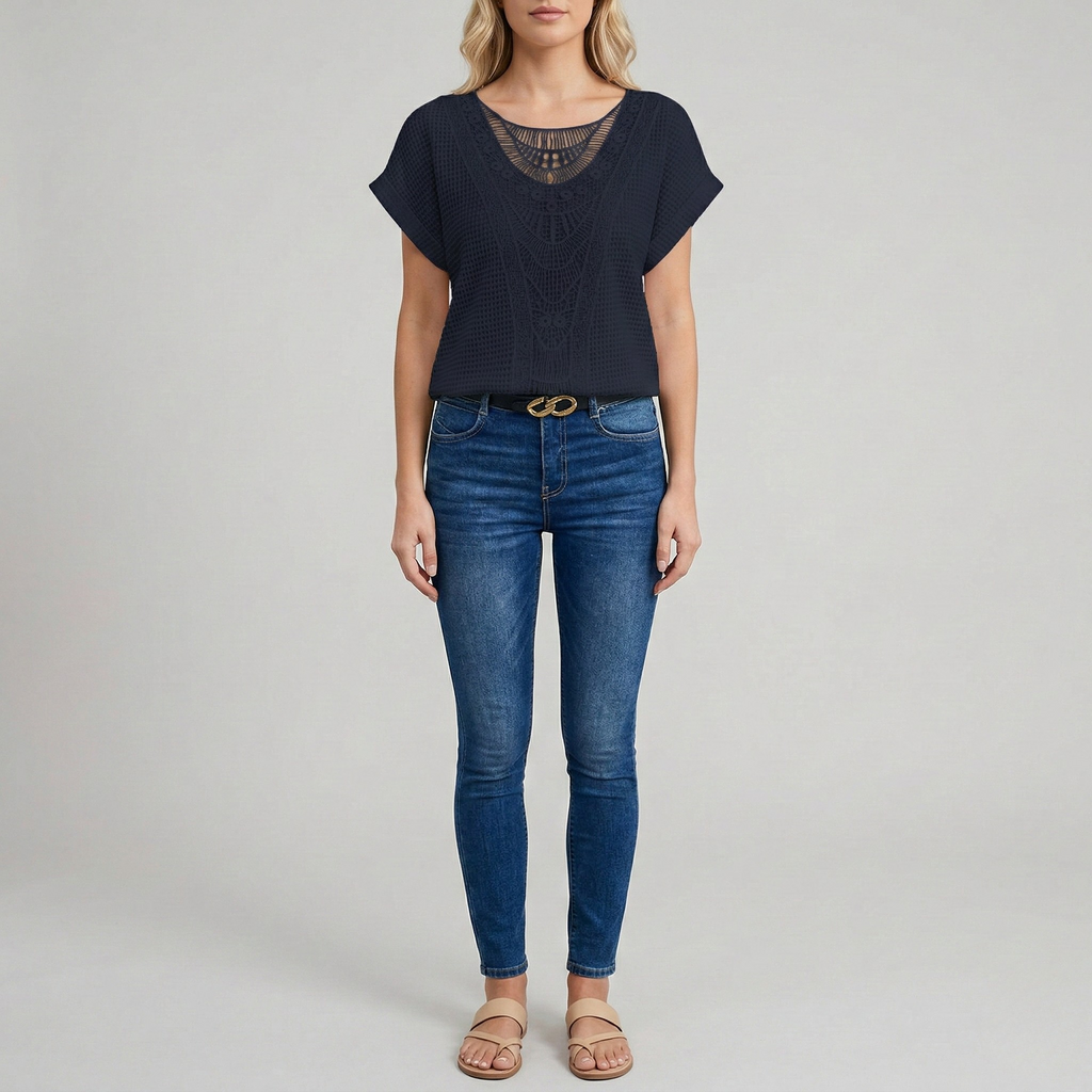 Women's Crochet Knit Short Sleeve Top with Crew Neck