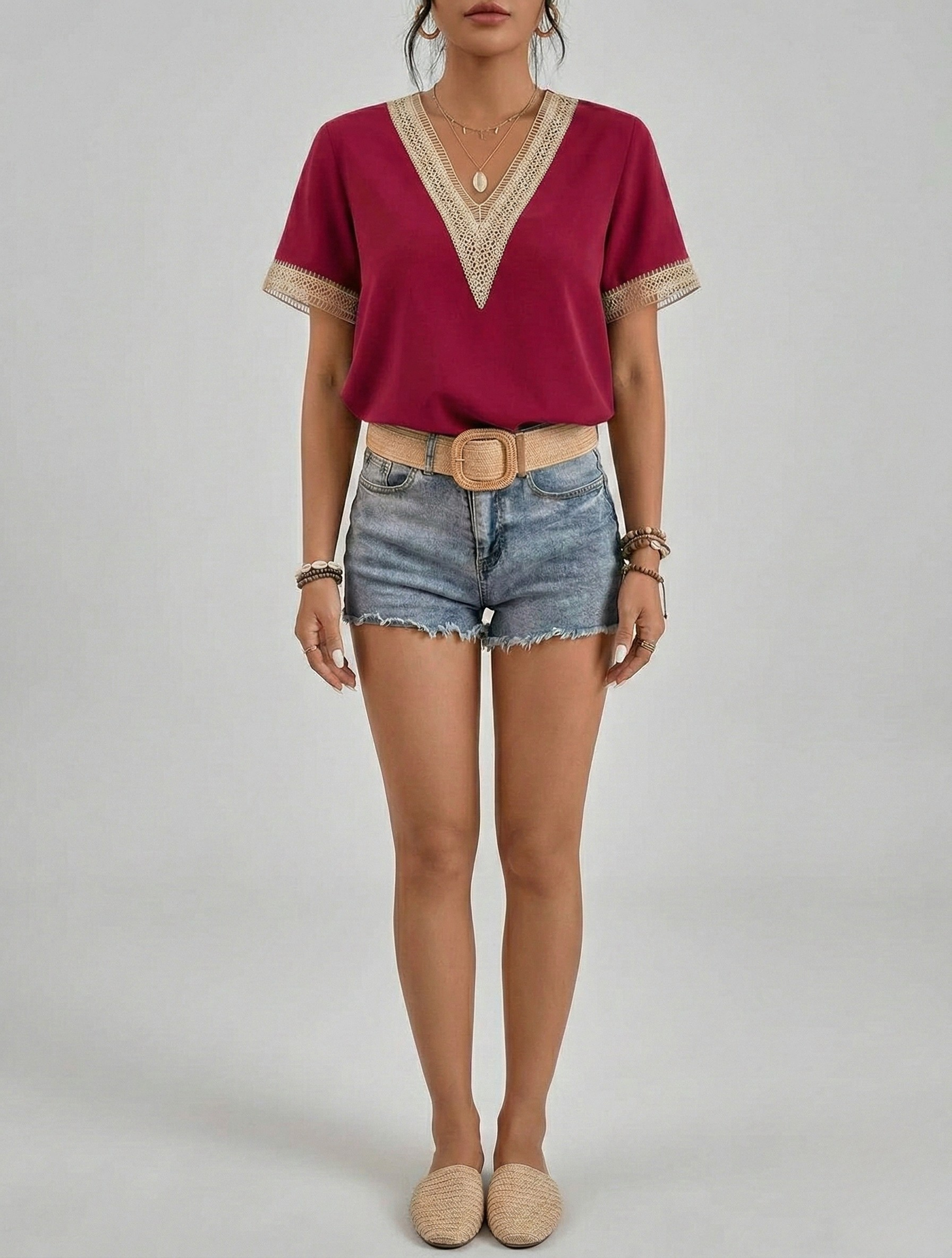 Women's V-Neck Short Sleeve Top with Lace Trim Detail