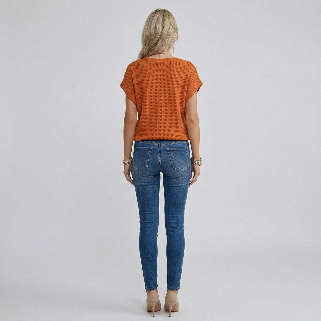 Women's Crochet Knit Short Sleeve Top with Crew Neck