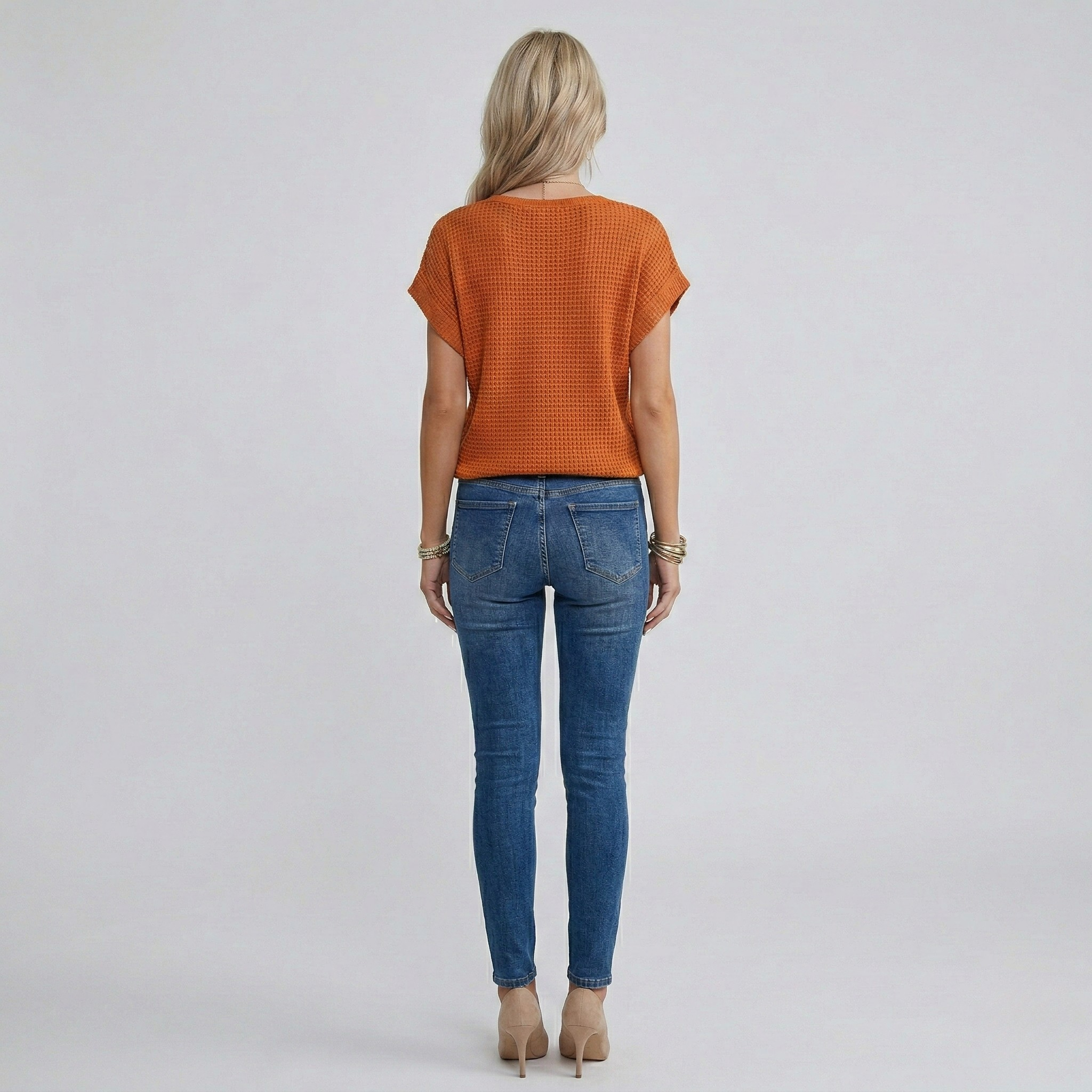Women's Crochet Knit Short Sleeve Top with Crew Neck