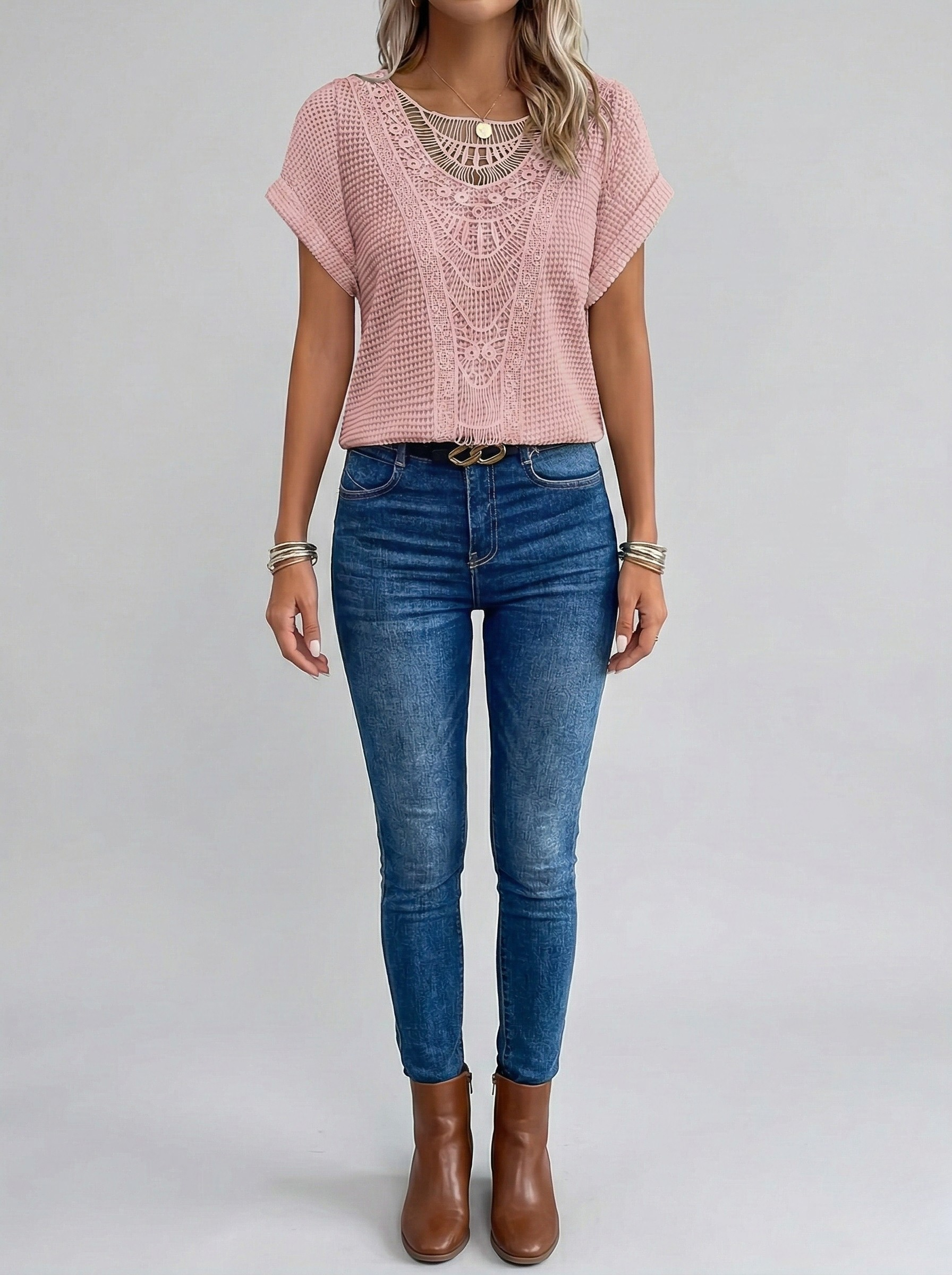 Women's Crochet Knit Short Sleeve Top with Crew Neck