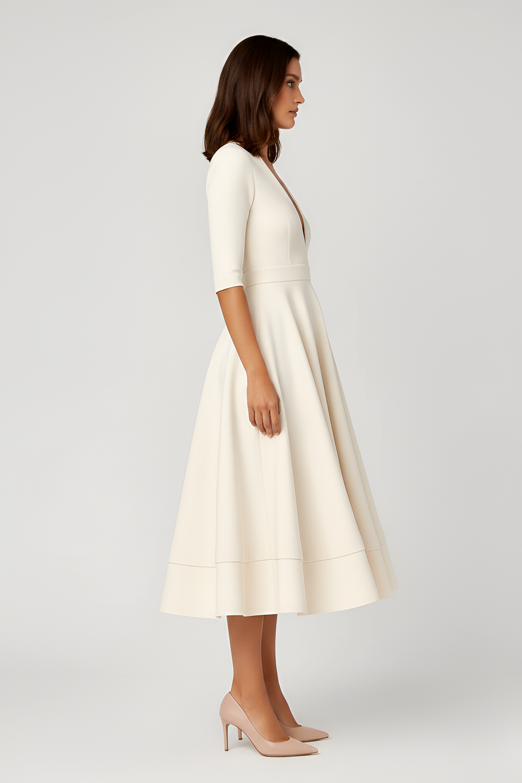 Women's V-Neck A-Line Midi Dress with 3/4 Sleeves