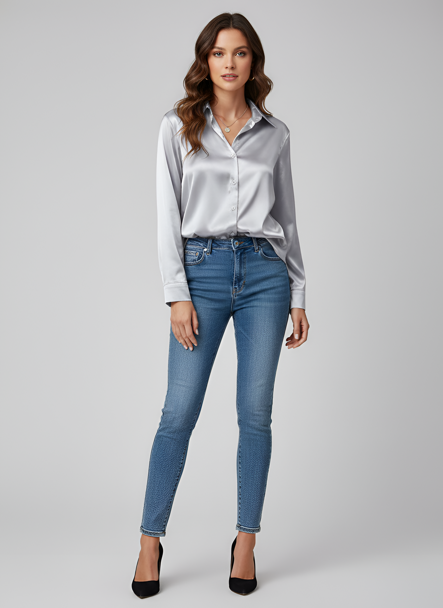 Women's Satin Button-Up Blouse with Long Sleeves