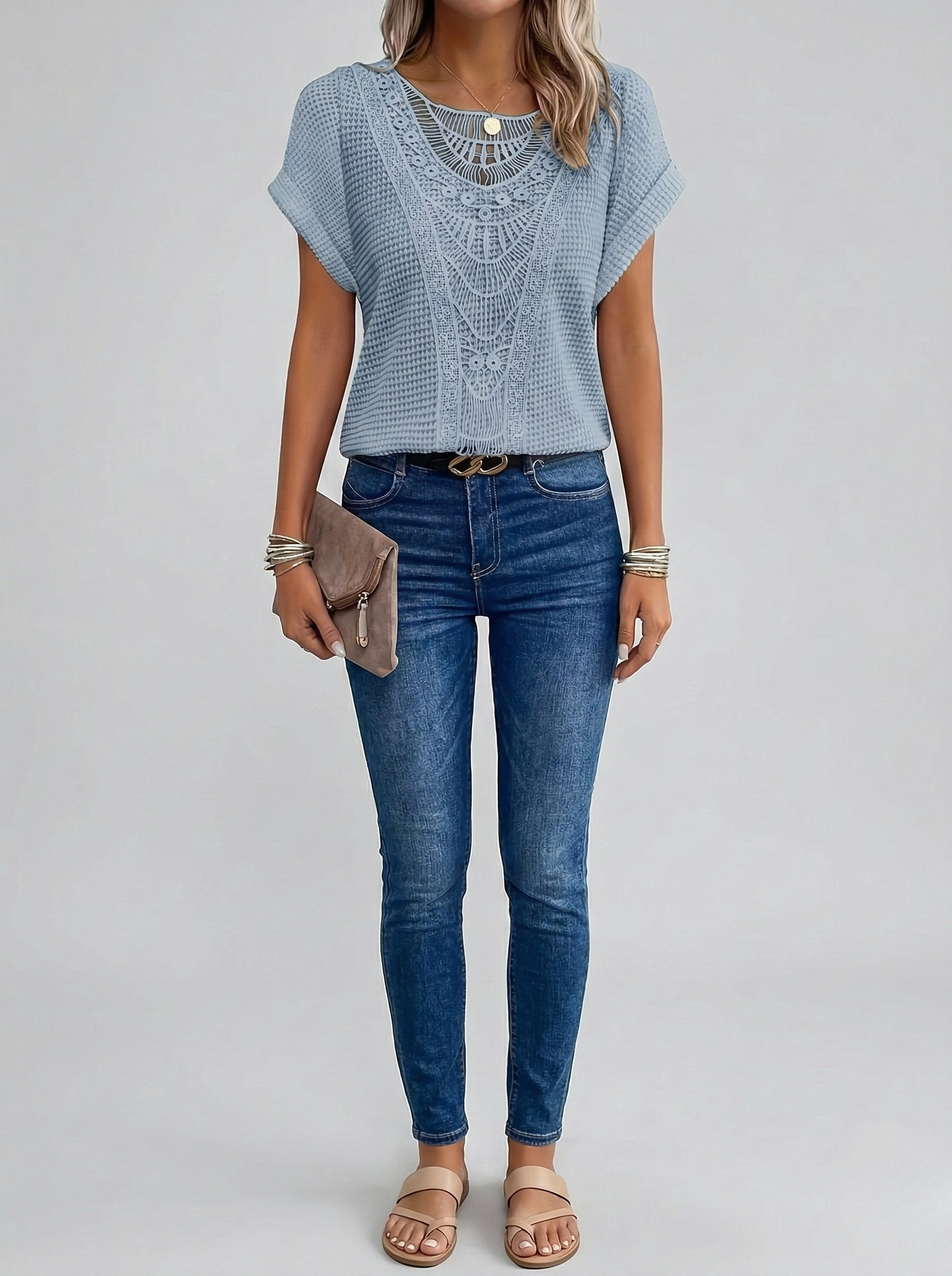 Women's Crochet Knit Short Sleeve Top with Crew Neck
