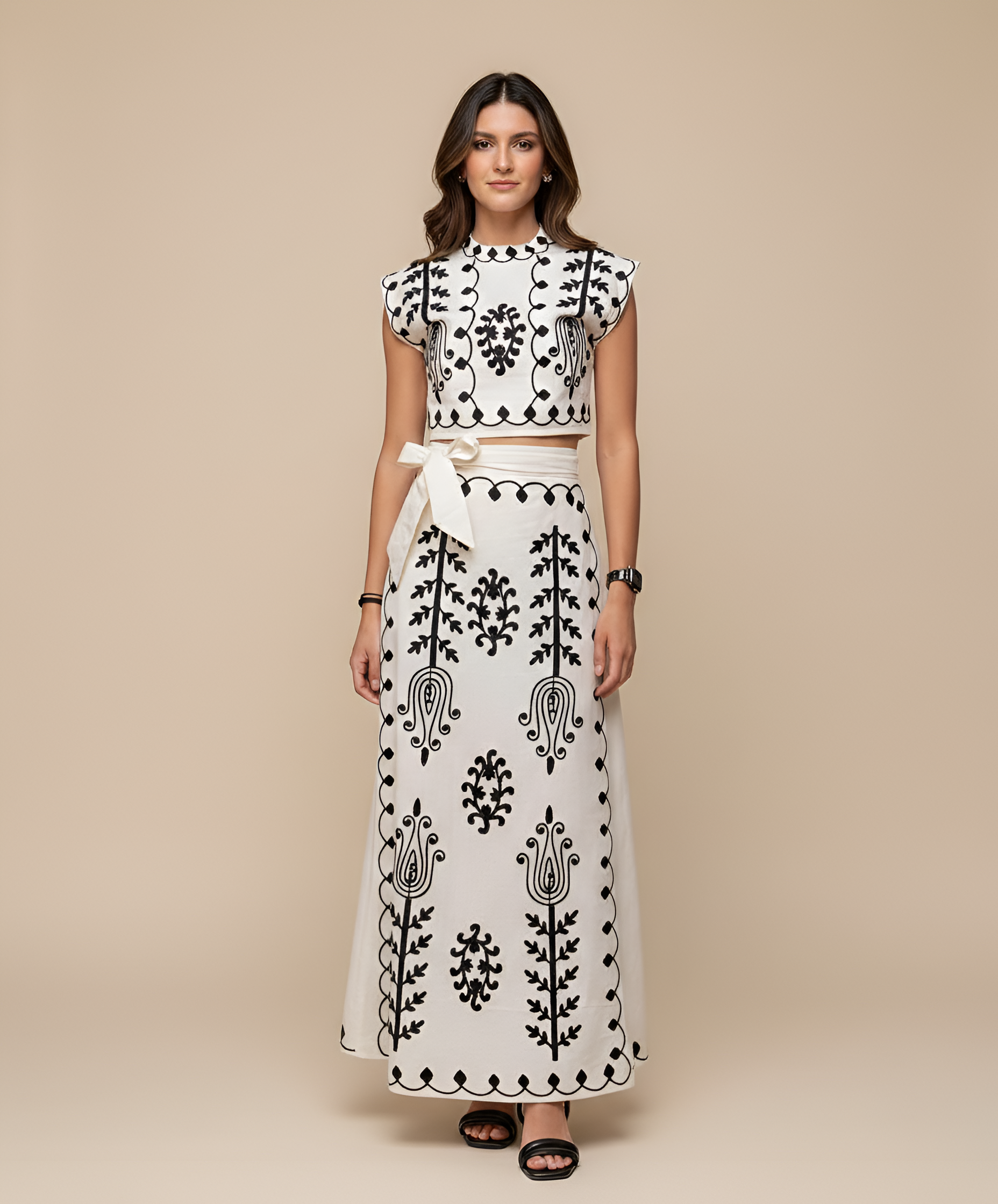 Women's Embroidered Crop Top and Maxi Skirt Two-Piece Set