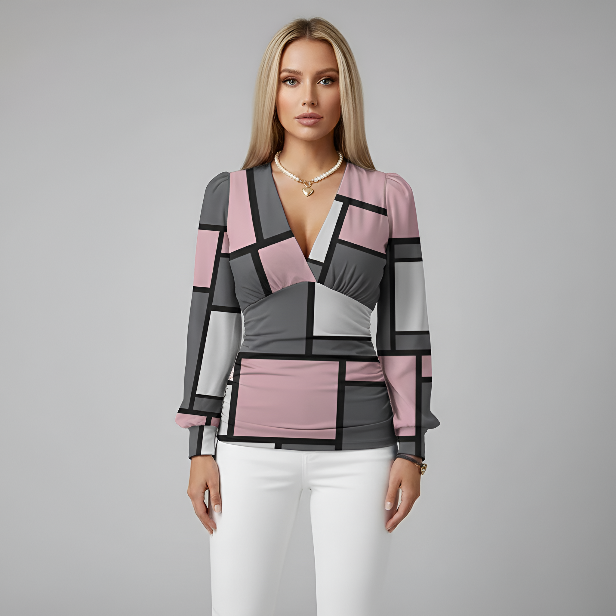 Women's Printed V-Neck Blouse with Long Sleeves