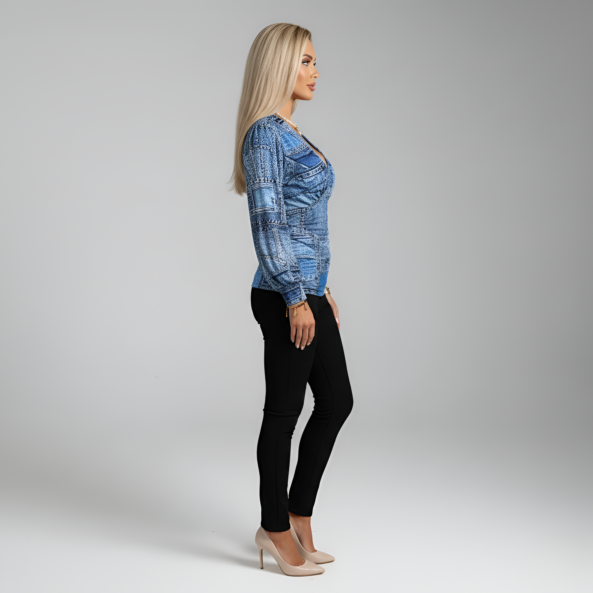 Women's Printed V-Neck Blouse with Long Sleeves