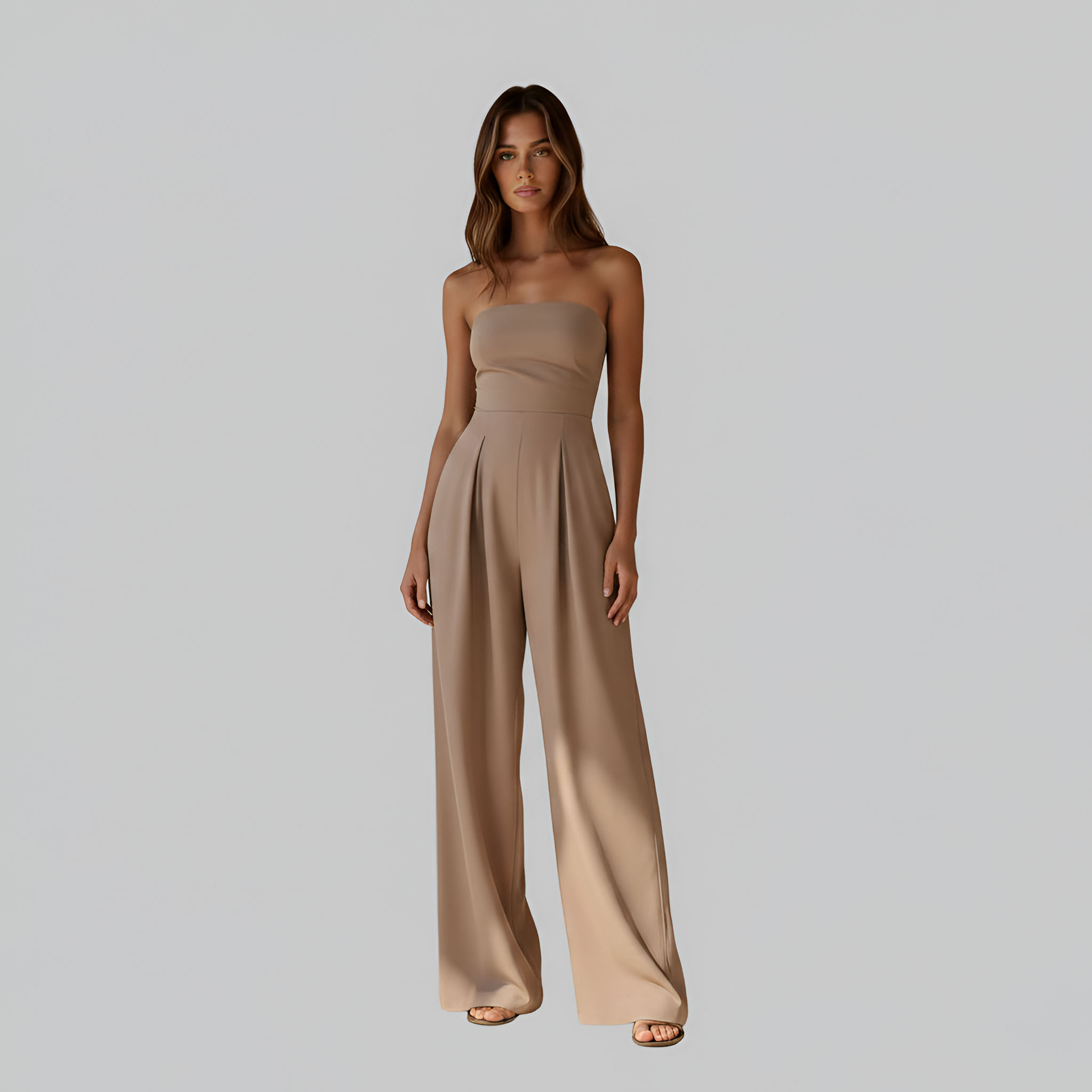 Women's Strapless Wide Leg Jumpsuit with Front Pleats