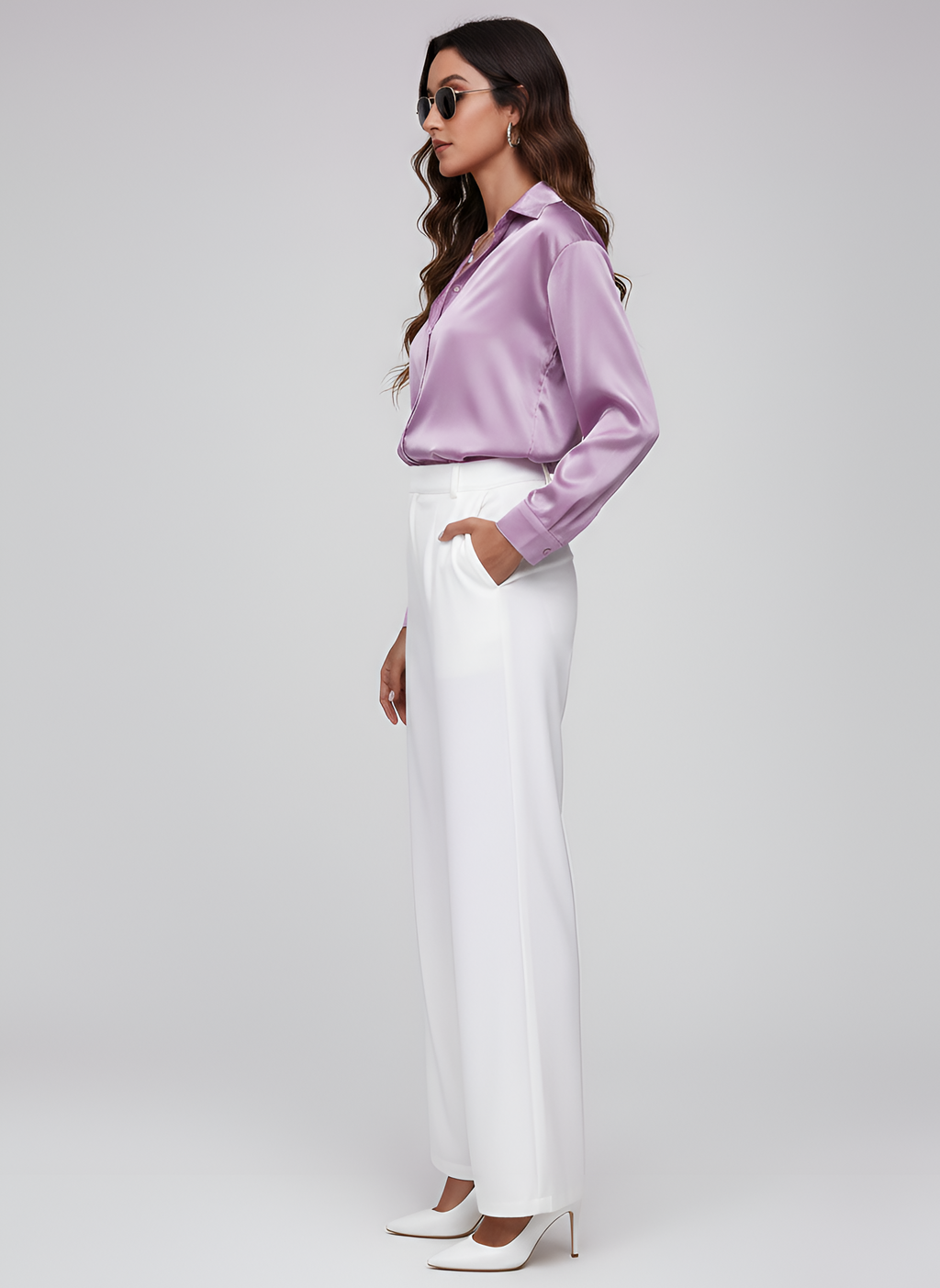 Women's Satin Button-Up Blouse with Long Sleeves