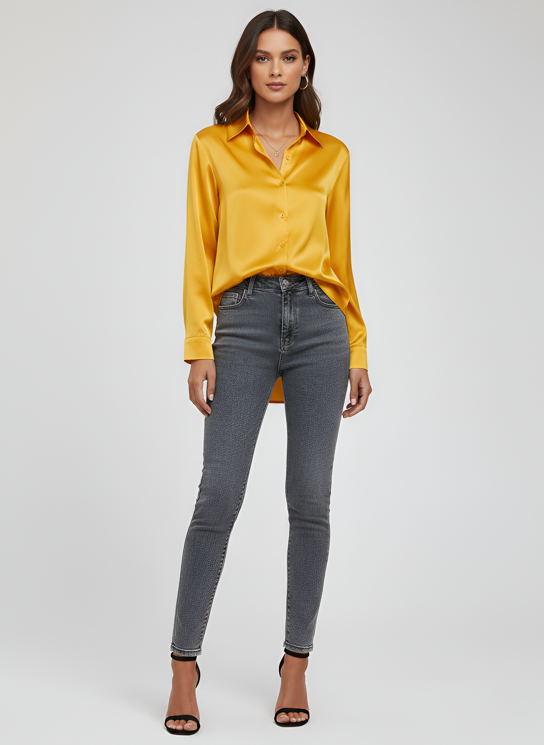 Women's Satin Button-Up Blouse with Long Sleeves