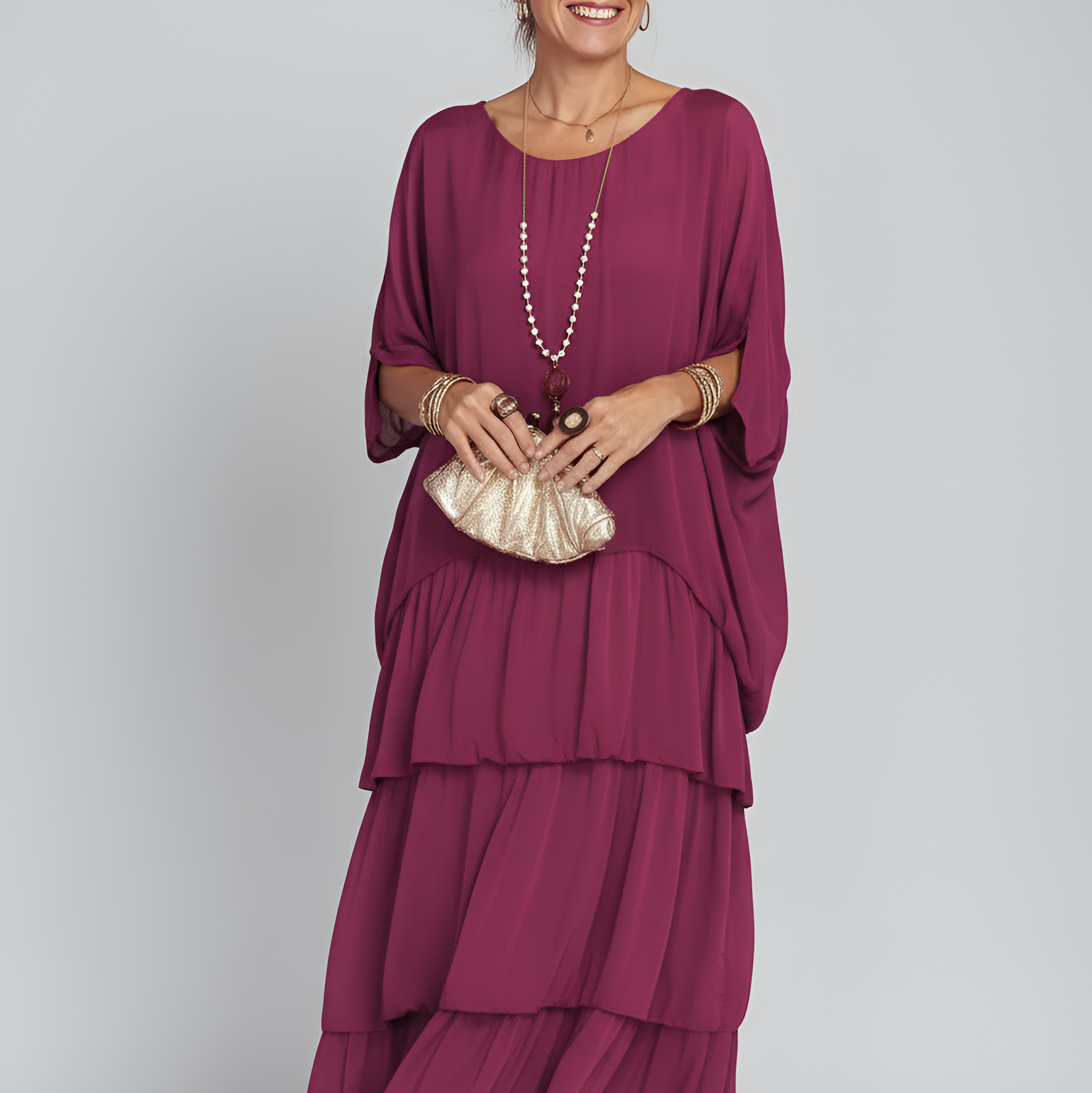 Women's Tiered Maxi Dress with Batwing Sleeves