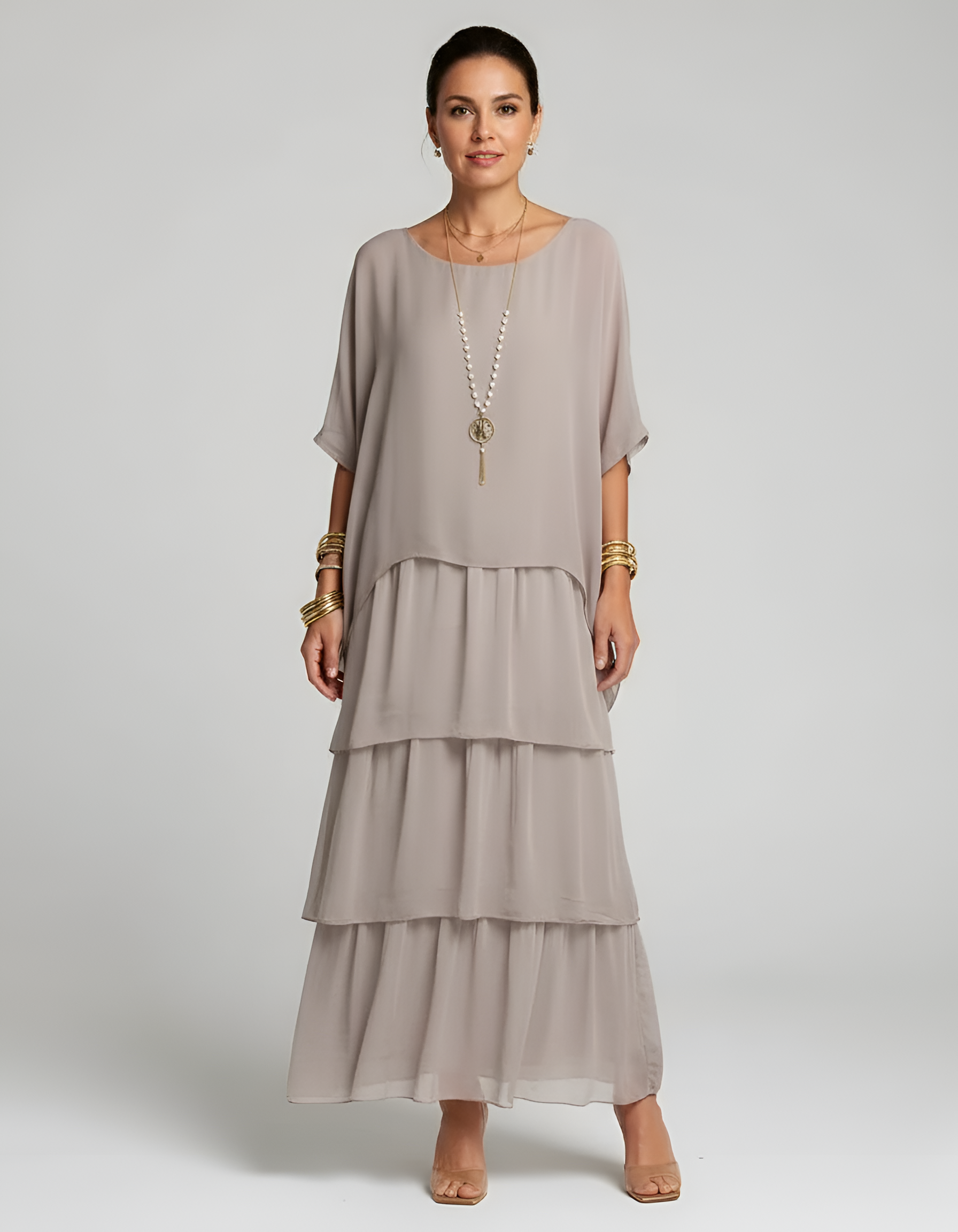 Women's Tiered Maxi Dress with Batwing Sleeves