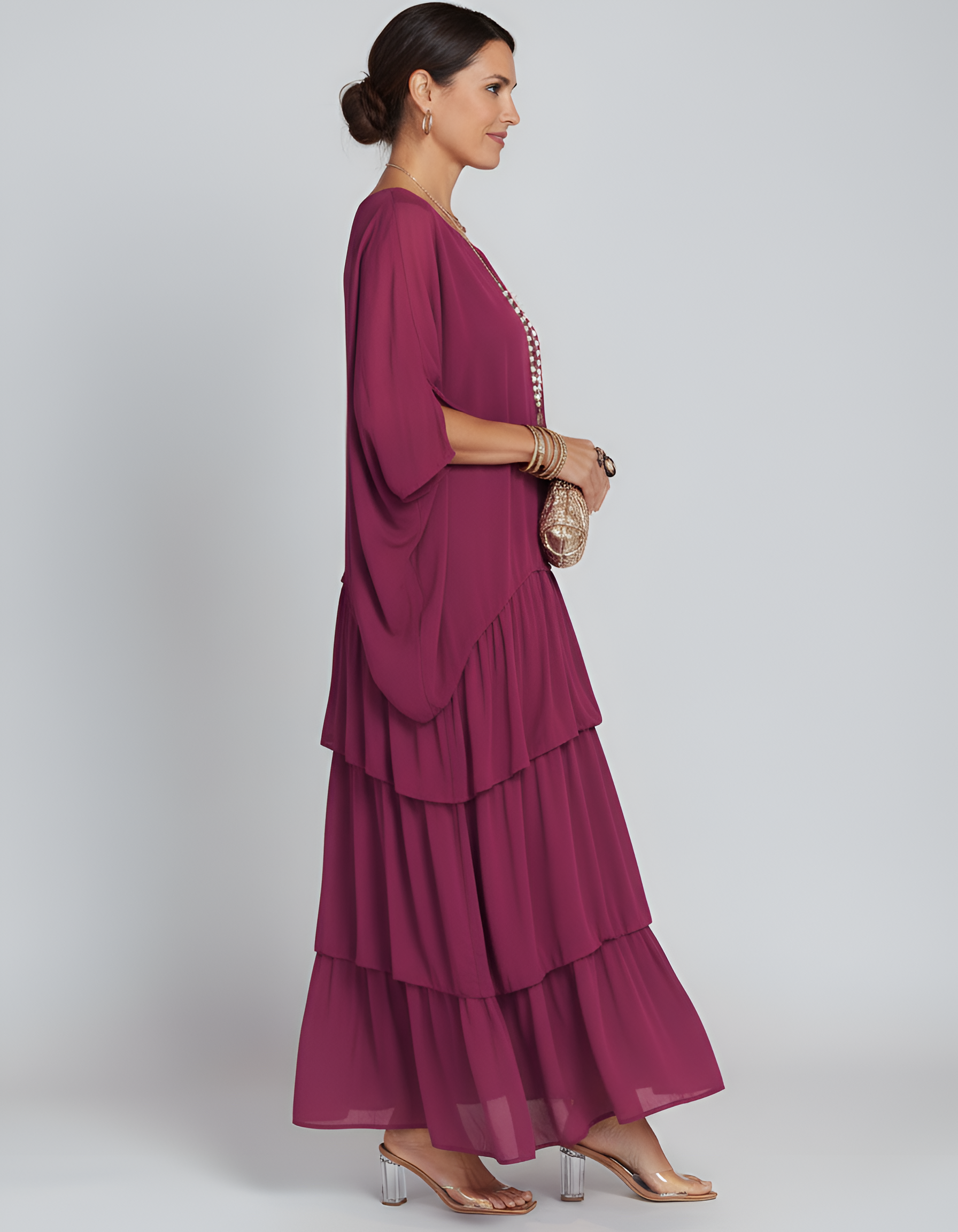 Women's Tiered Maxi Dress with Batwing Sleeves