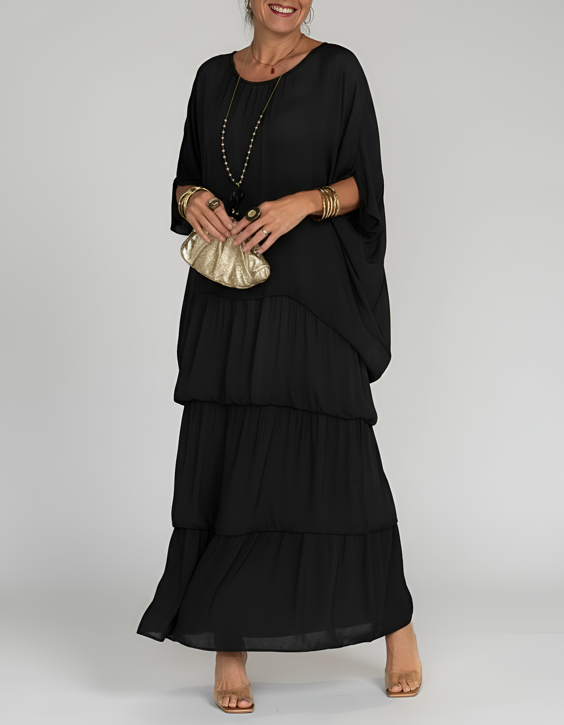 Women's Tiered Maxi Dress with Batwing Sleeves