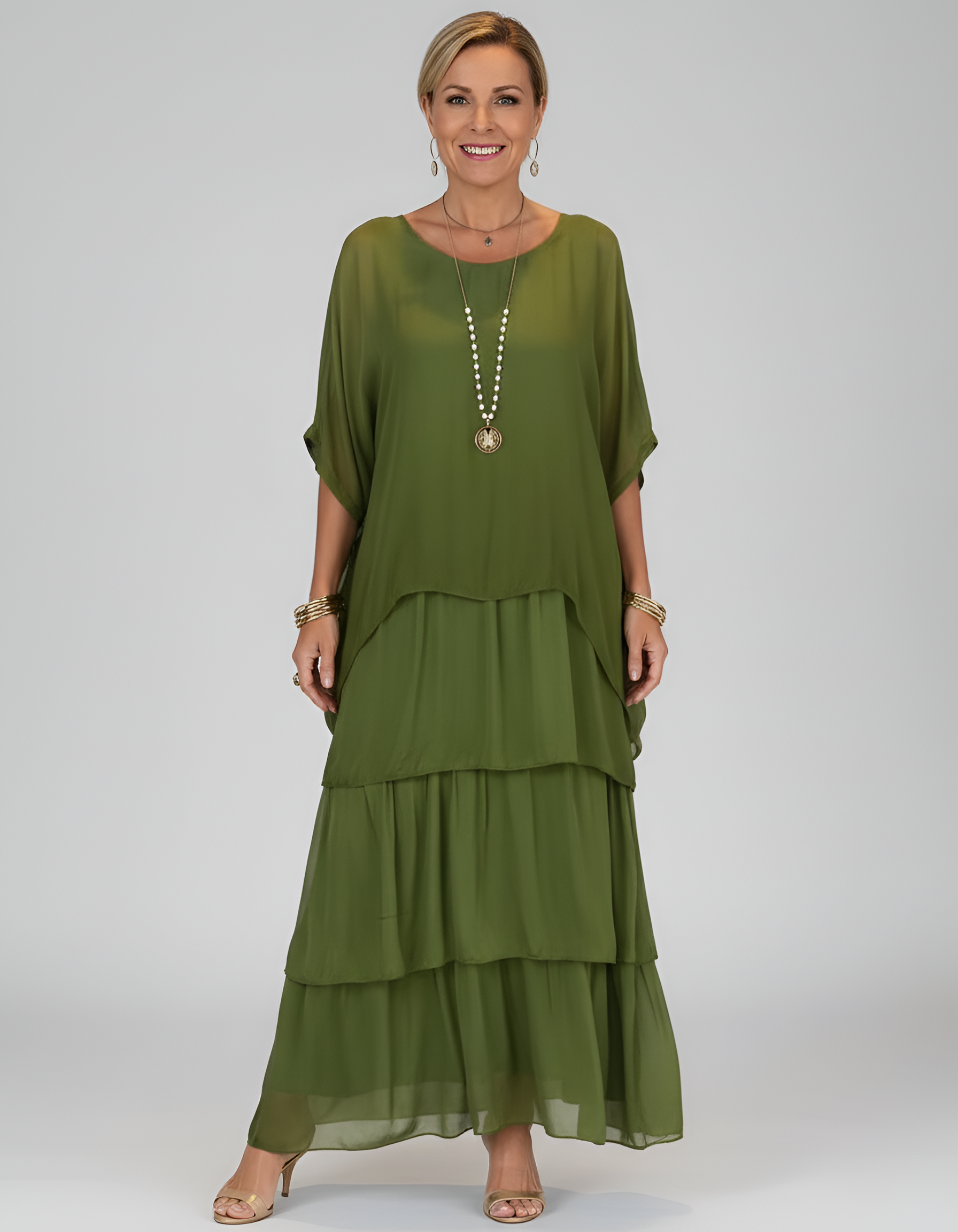 Women's Tiered Maxi Dress with Batwing Sleeves