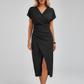 Women's Wrap-Front V-Neck Midi Dress with Short Sleeves