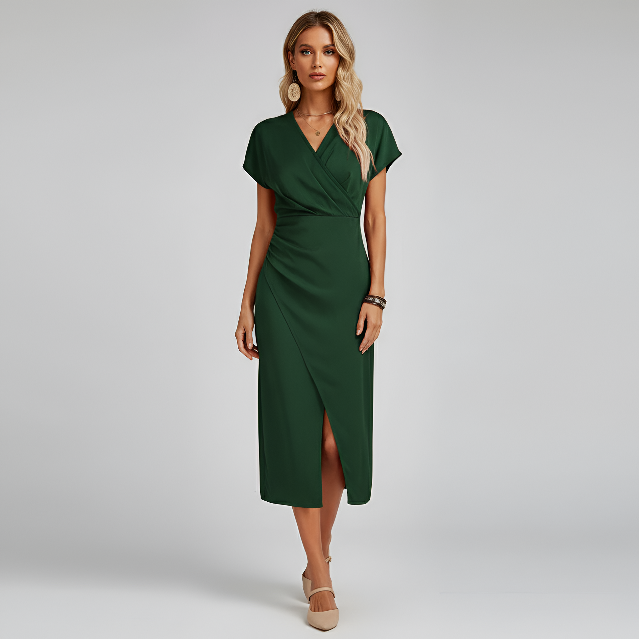 Women's Wrap-Front V-Neck Midi Dress with Short Sleeves