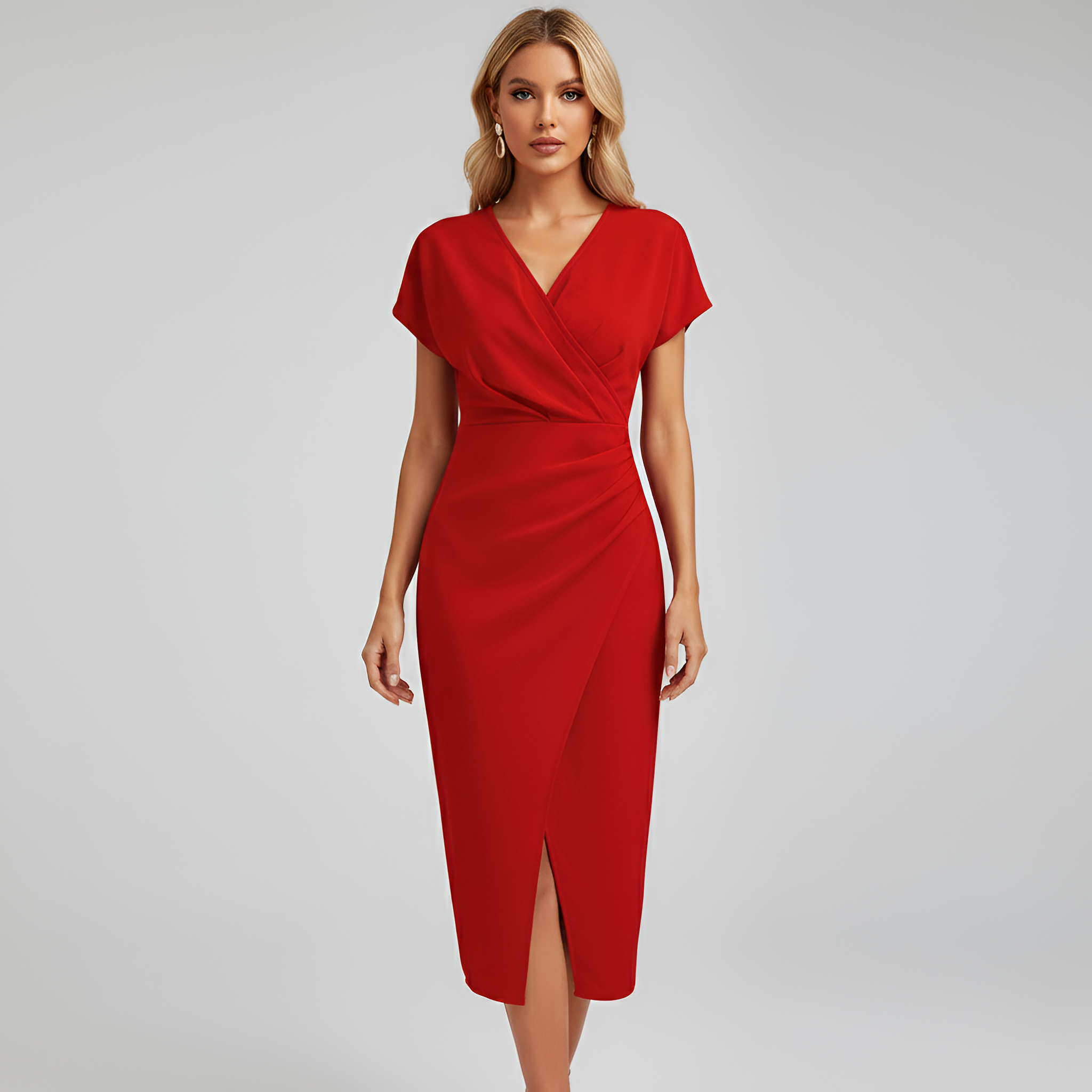 Women's Wrap-Front V-Neck Midi Dress with Short Sleeves