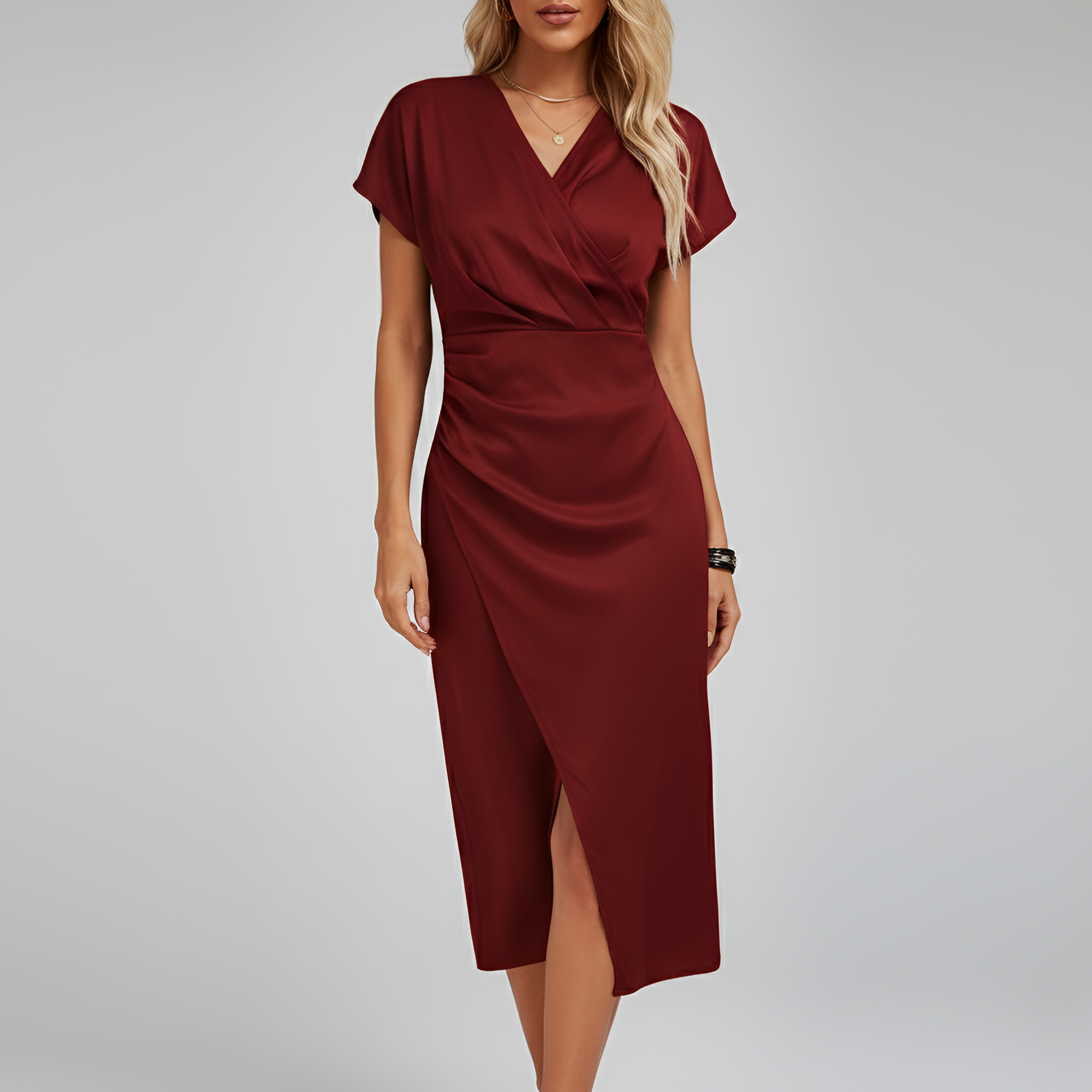 Women's Wrap-Front V-Neck Midi Dress with Short Sleeves