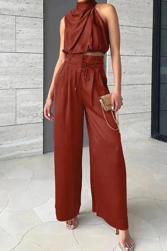 Women's Halter Top and Wide Leg Pants Two-Piece Set